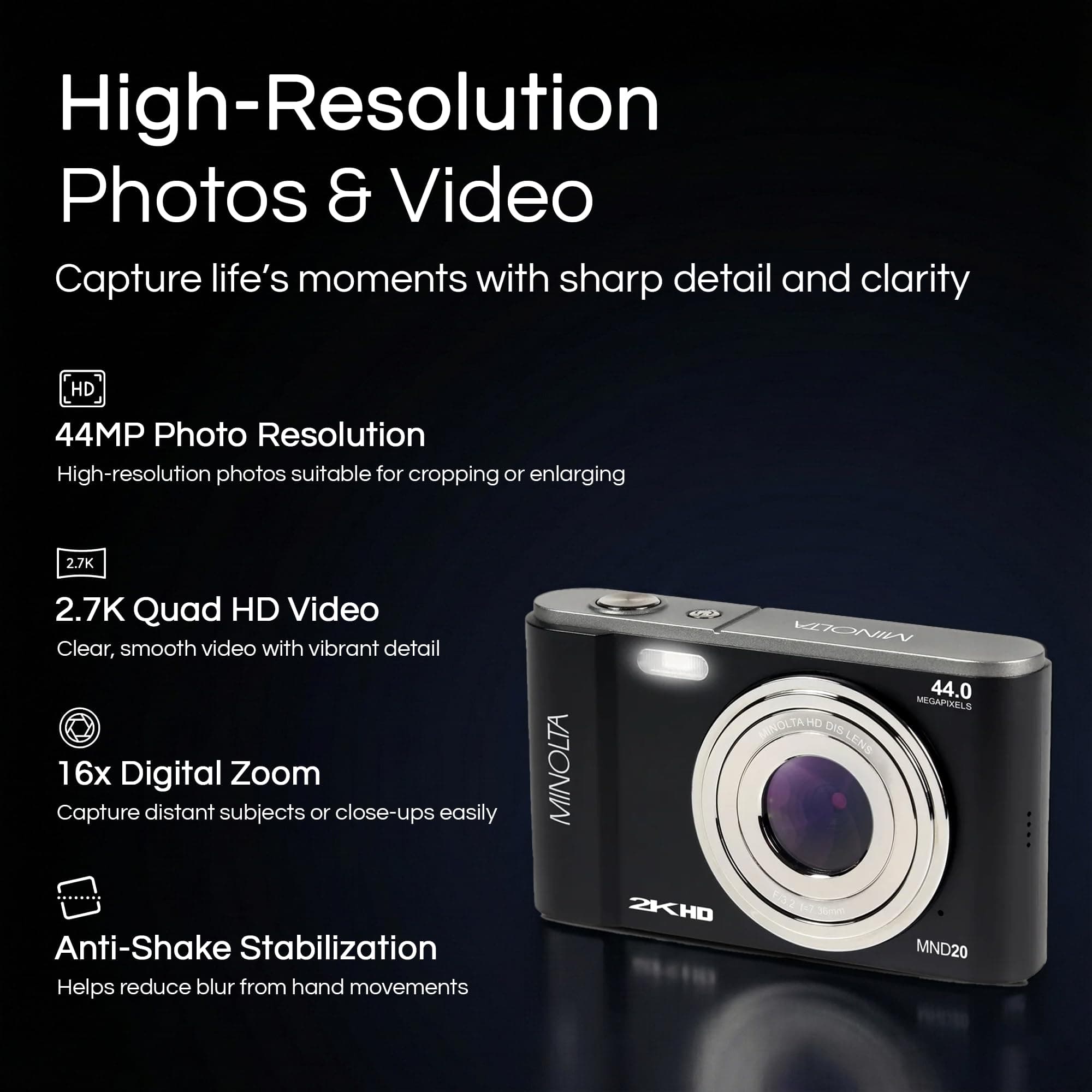 Minolta MND20 44MP Digital Camera 2.7K Ultra HD | Compact, 16X Zoom, 44MP CMOS Sensor - view 2