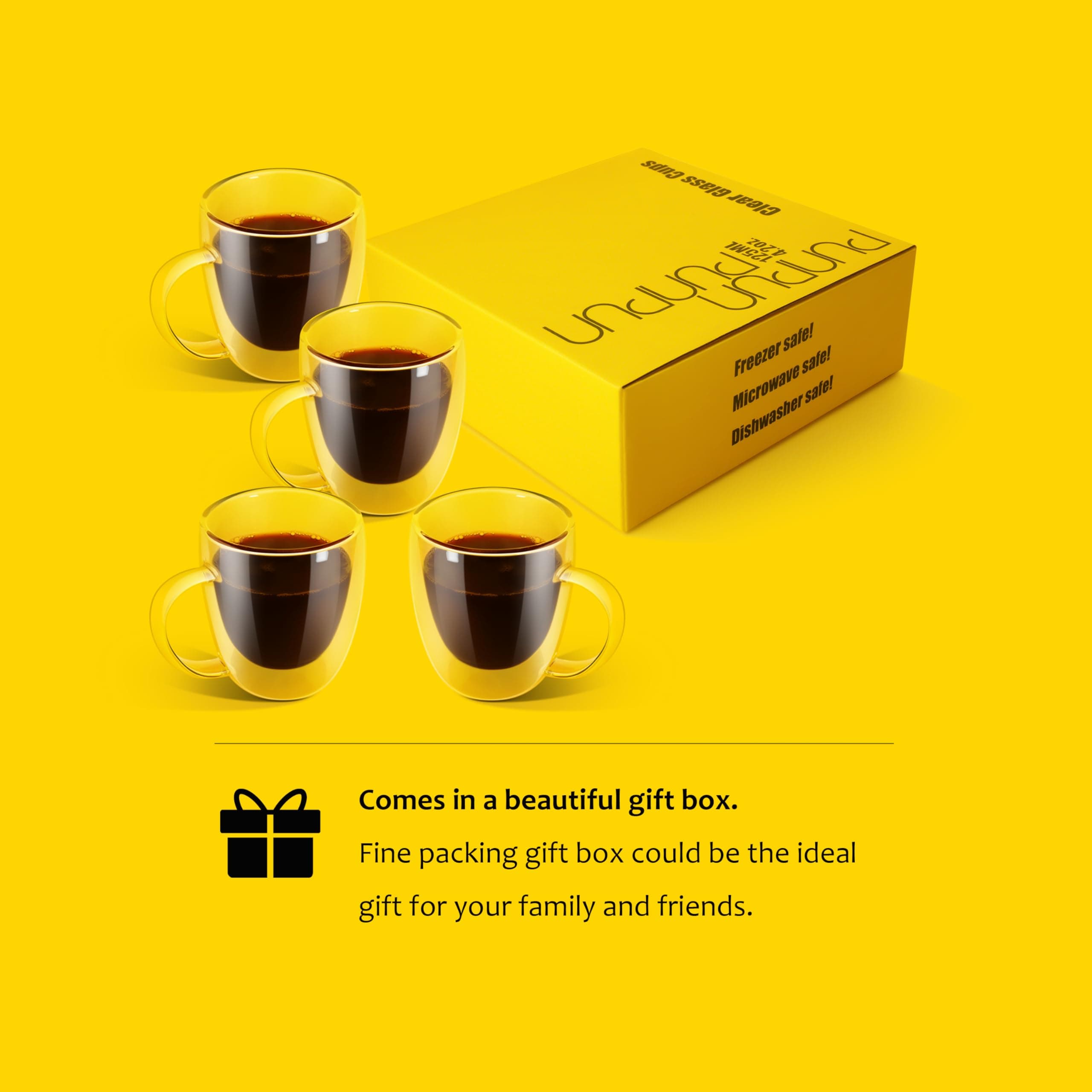 PunPun 12.9oz. Double Wall Glass Coffee Mug Set of 4 | Insulated Borosilicate Cups for Hot & Cold Beverages - view 6