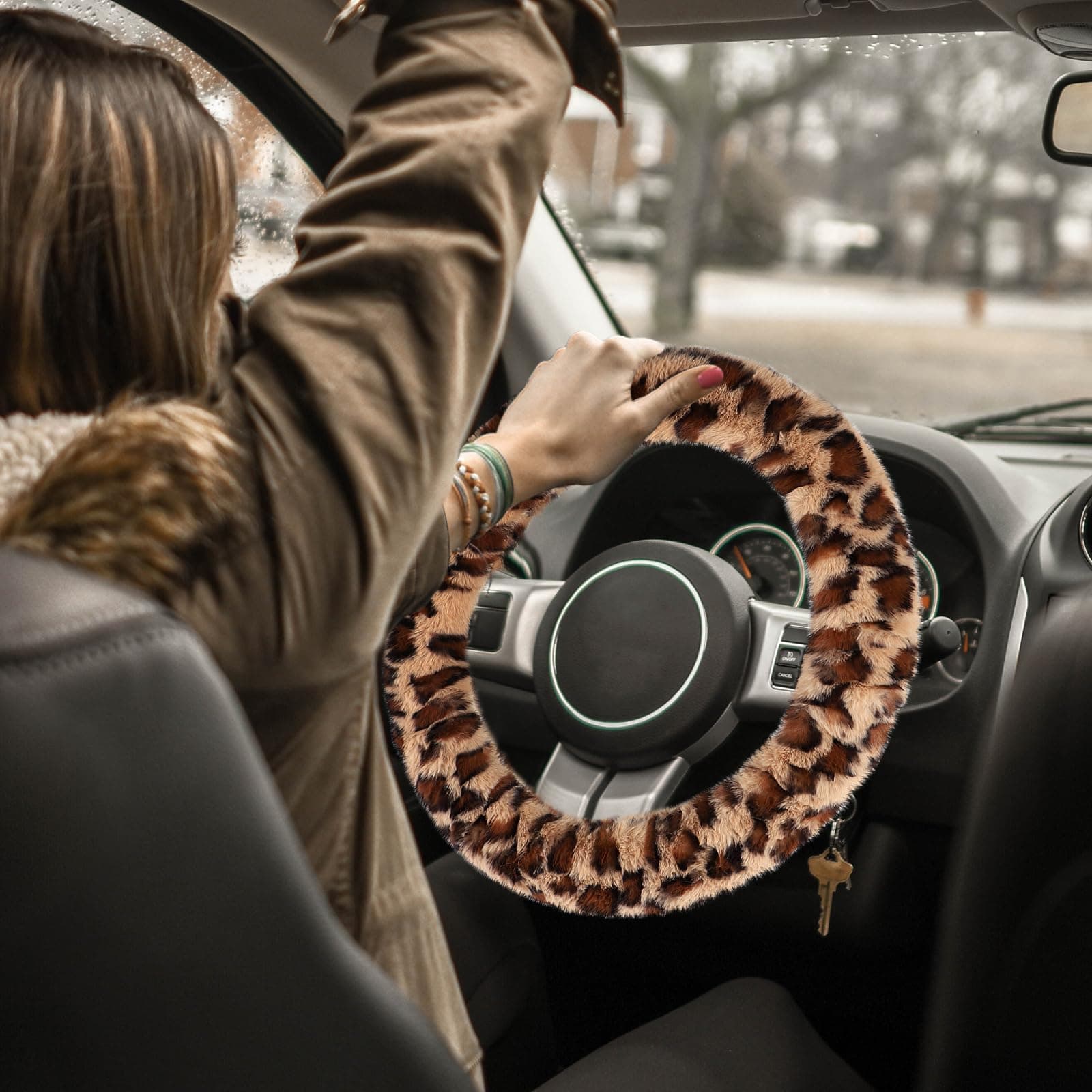 Accmor Fuzzy Car Steering Wheel Cover, Brown | Warm Fluffy Auto Wheel Protector for Men Women - view 7