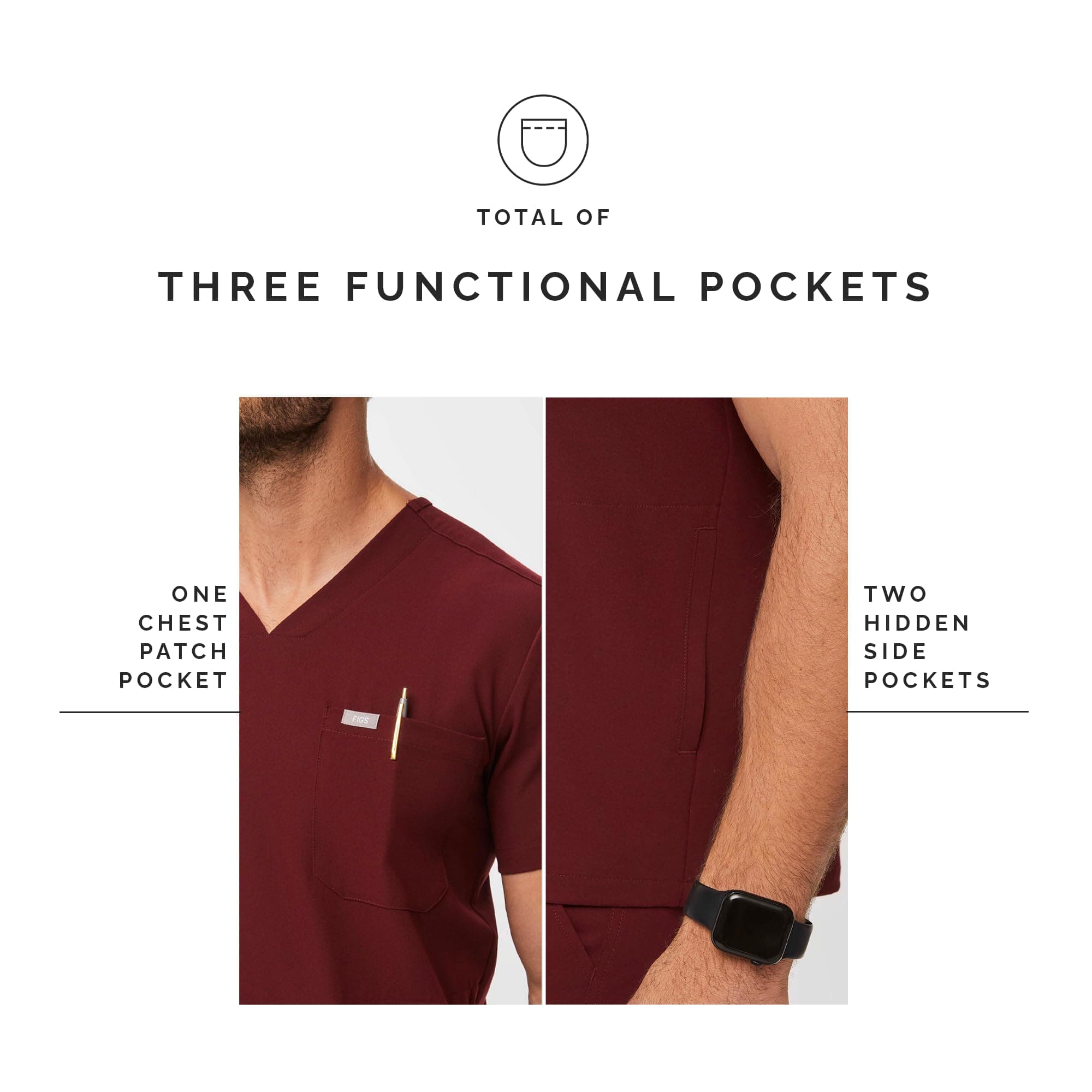 FIGS Chisec Three-Pocket Men’s Scrub Top – Burgundy, M | Technical Comfort & Durable Fit - view 6