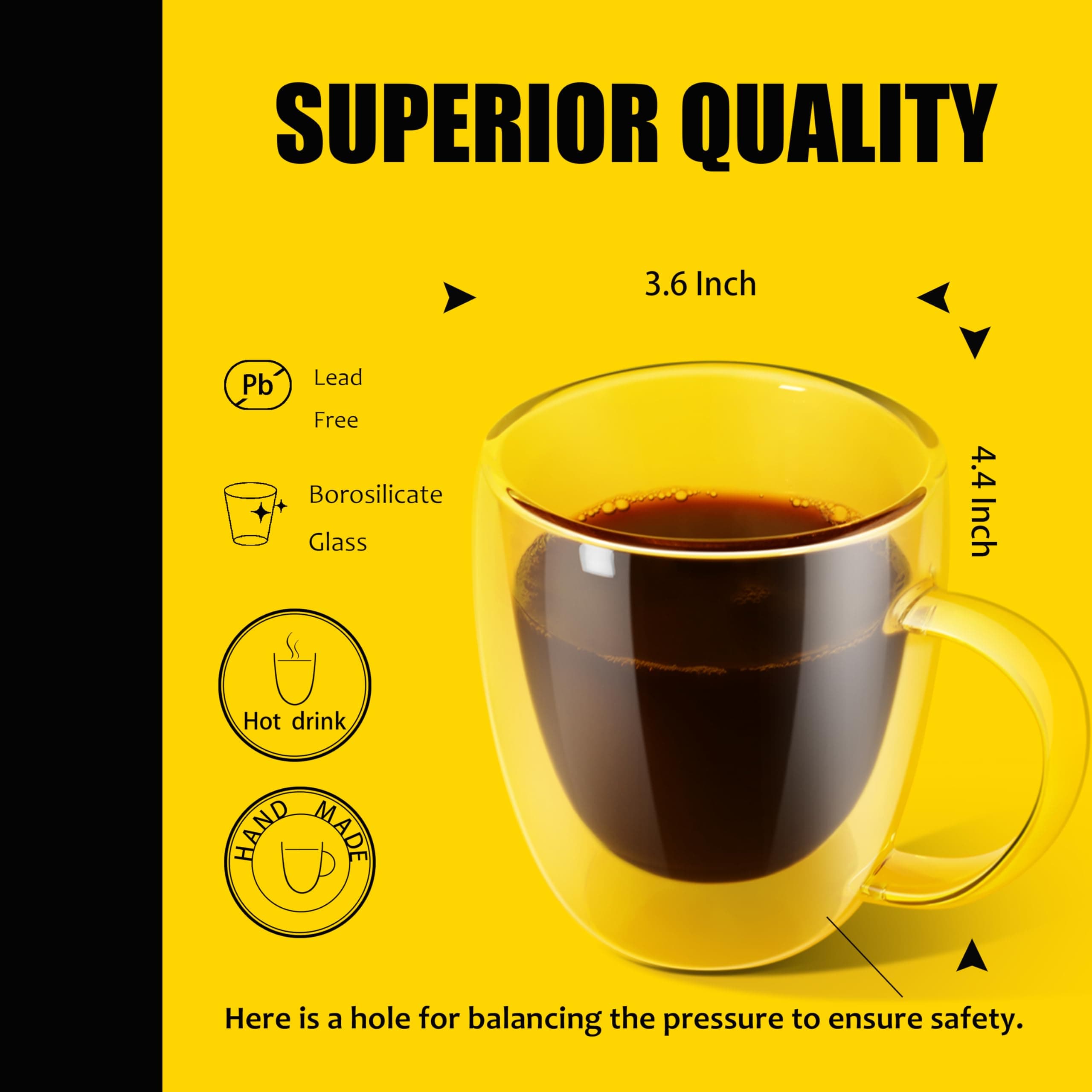 PunPun 12.9oz. Double Wall Glass Coffee Mug Set of 4 | Insulated Borosilicate Cups for Hot & Cold Beverages - view 4