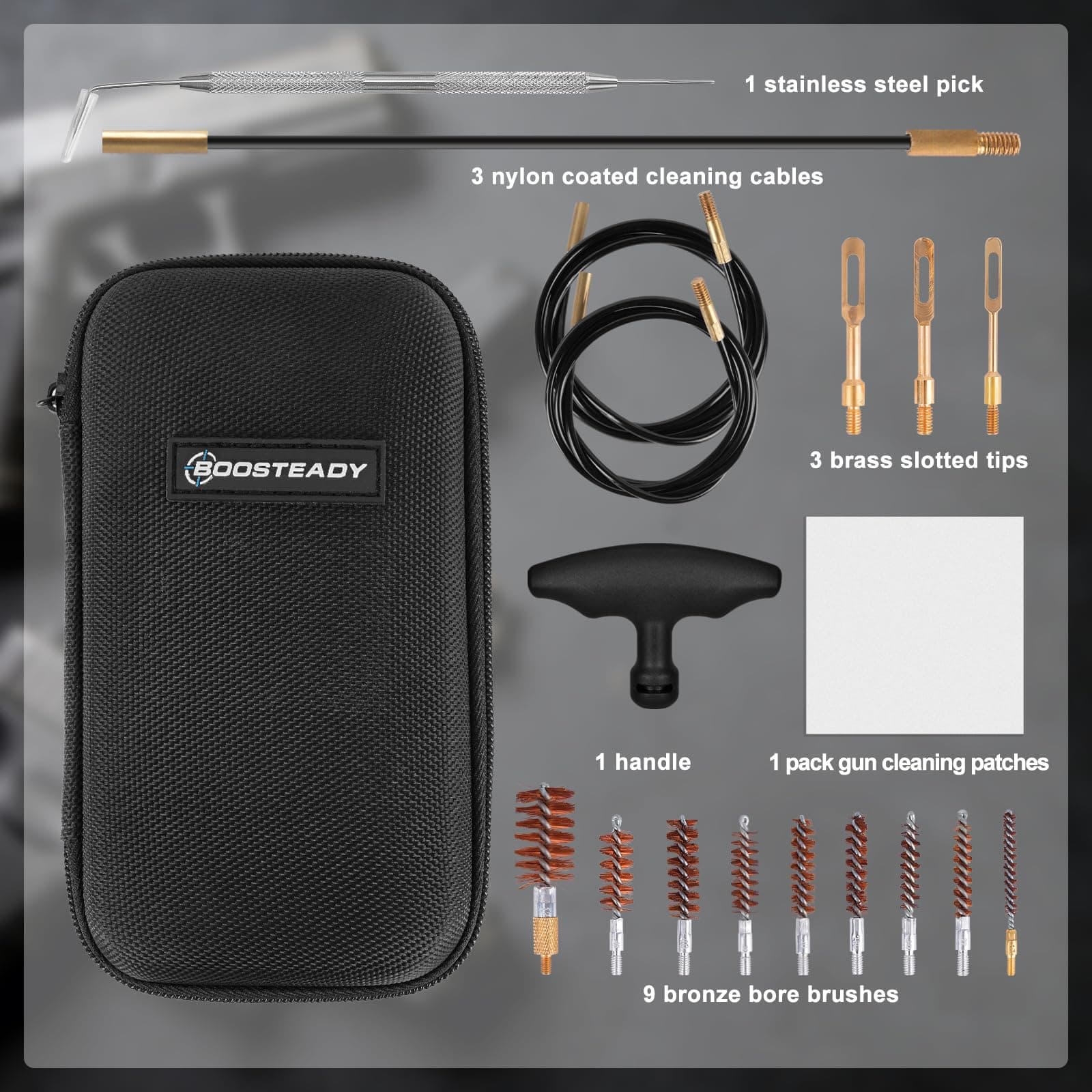 BOOSTEADY Gun Cleaning Kit .17 .22/.223/5.56MM .243 .280 .30 .357/9MM .40 .45 12GA | Multi-Caliber Bore Brushes & Coated Cables - view 2