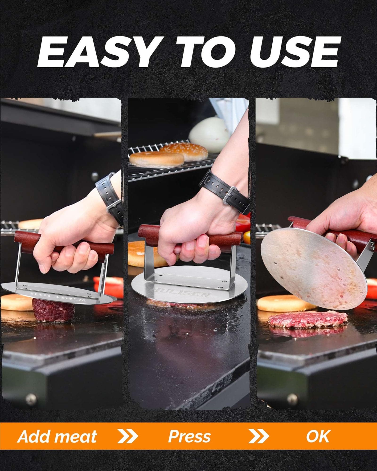 HULISEN Stainless Steel Burger Press 6.2-Inch Round | Effortless Crispy Patties with Wooden Handle - view 5