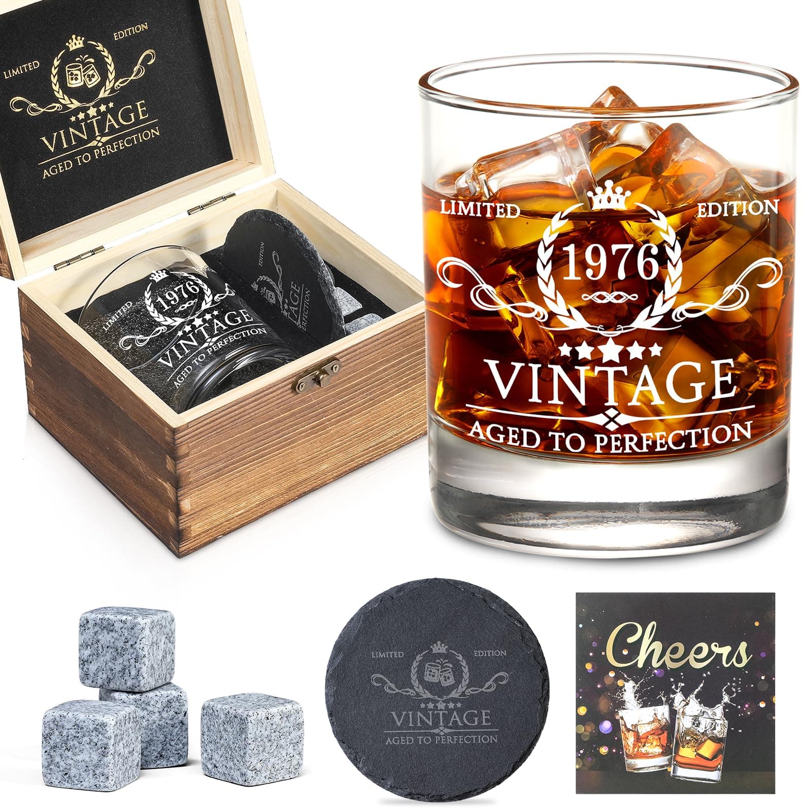 AOZITA 50th Birthday Whiskey Glass Set - 11oz Classic Old Fashioned Glass with Wooden Box & Whiskey Stones
