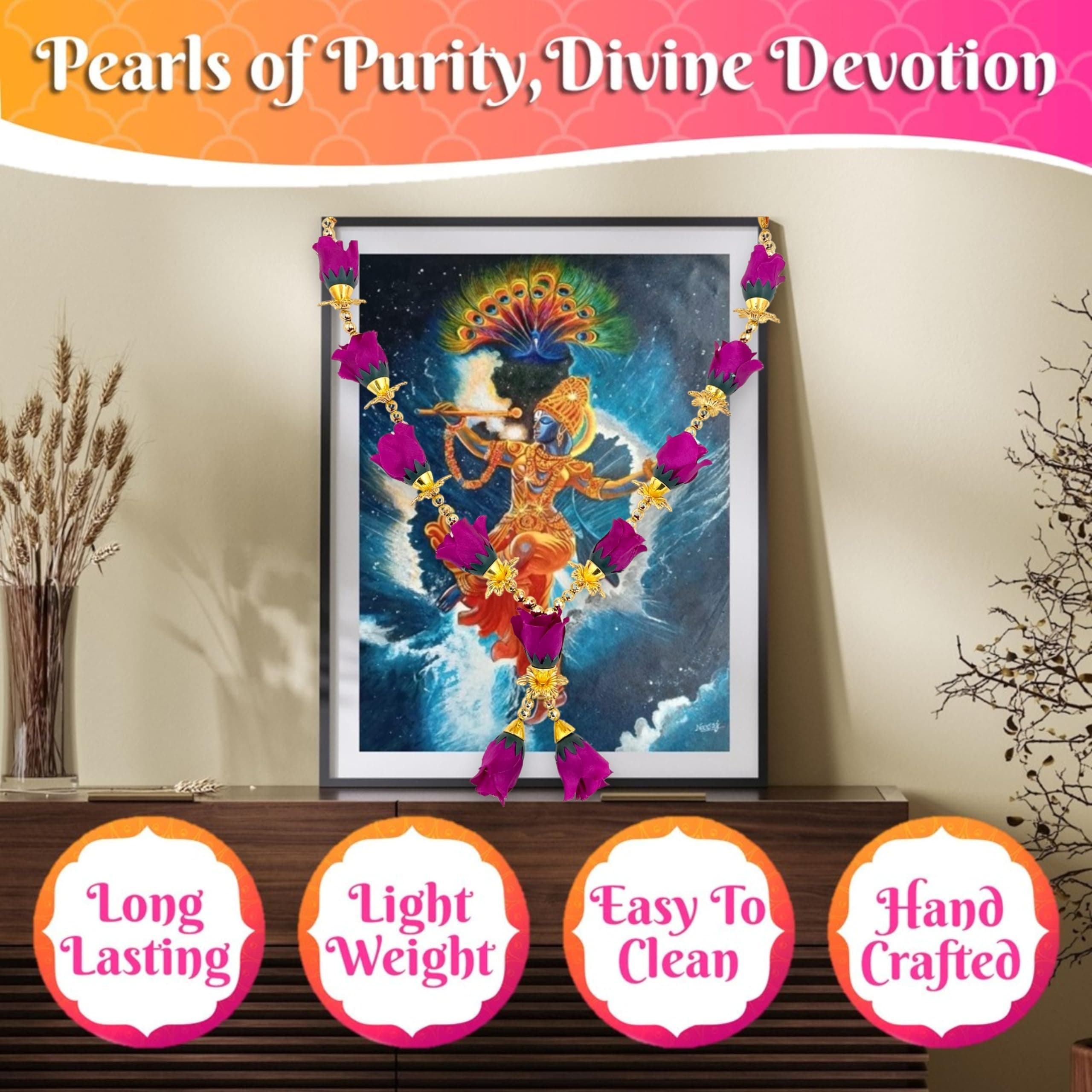 Bhakti Lehar - Premium Range Of Pooja Accessories Purple Garland 12 Inch | Handmade Artificial Rose & Pearl Mala for God Idols & Photo Frames - view 3