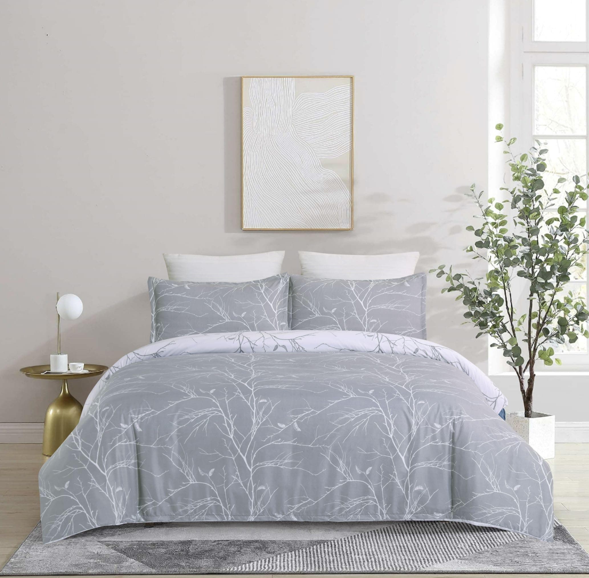 Vaulia Microfiber Duvet Cover Set King | Light Grey Floral, Zipper Closure, Breathable & Durable - main product image