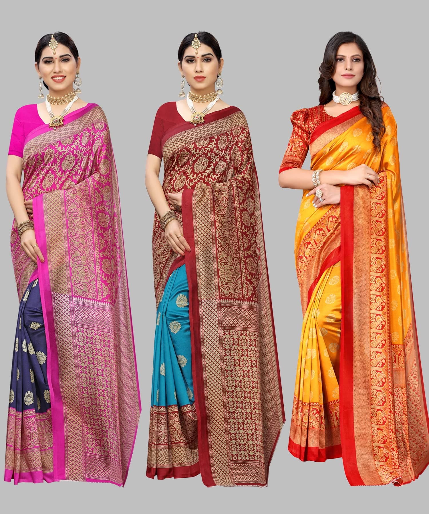 Yashika Women's Combo Art Silk Saree with Blouse, Pack of 3, Navy Blue, Mustard, Multicoloured | Elegant Festival & Wedding Wear - view 2