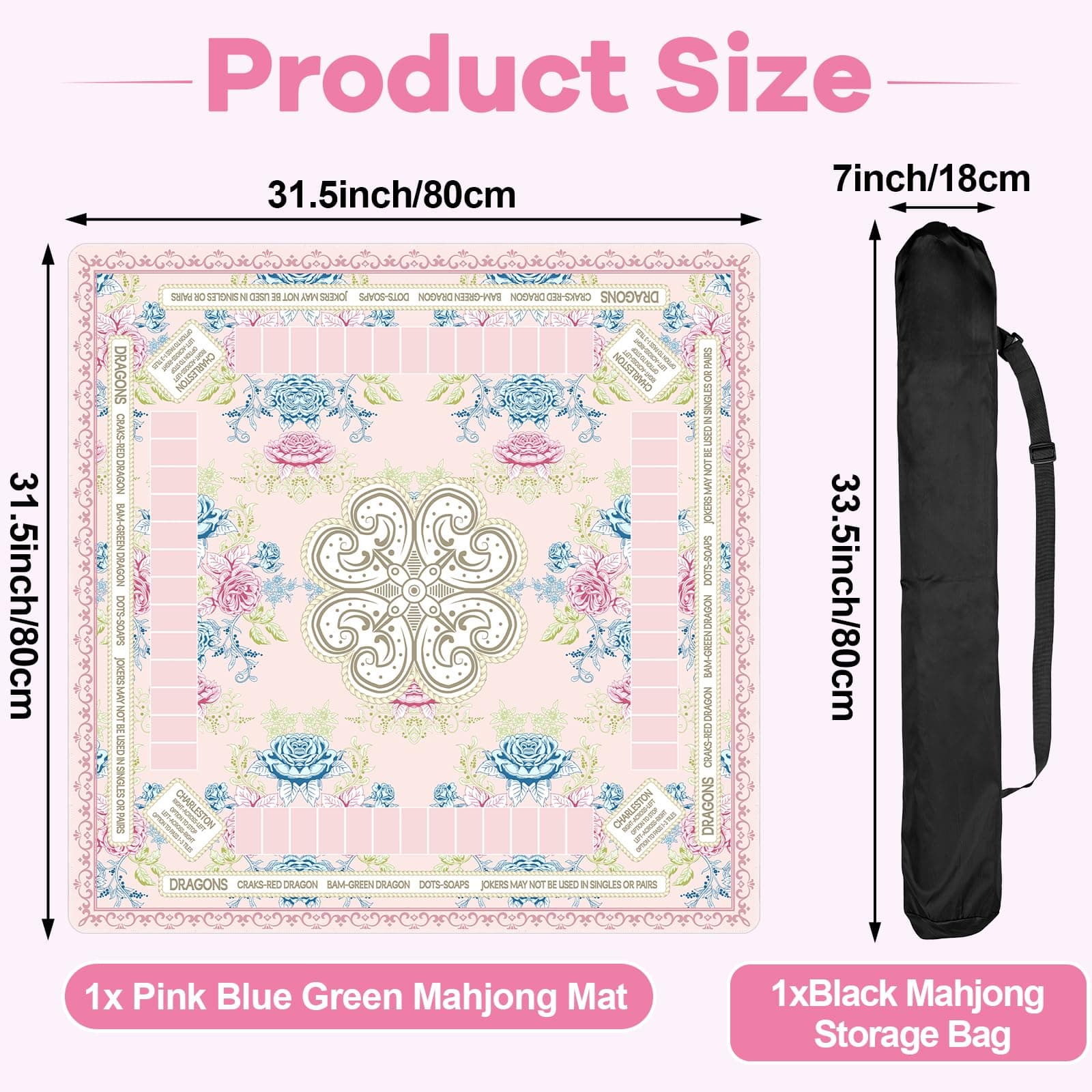 party greeting Chinoiserie Mahjong Mat with Black Carrying Bag 31.5 x 31.5 in | Multi Purpose Game Table Cover - view 2