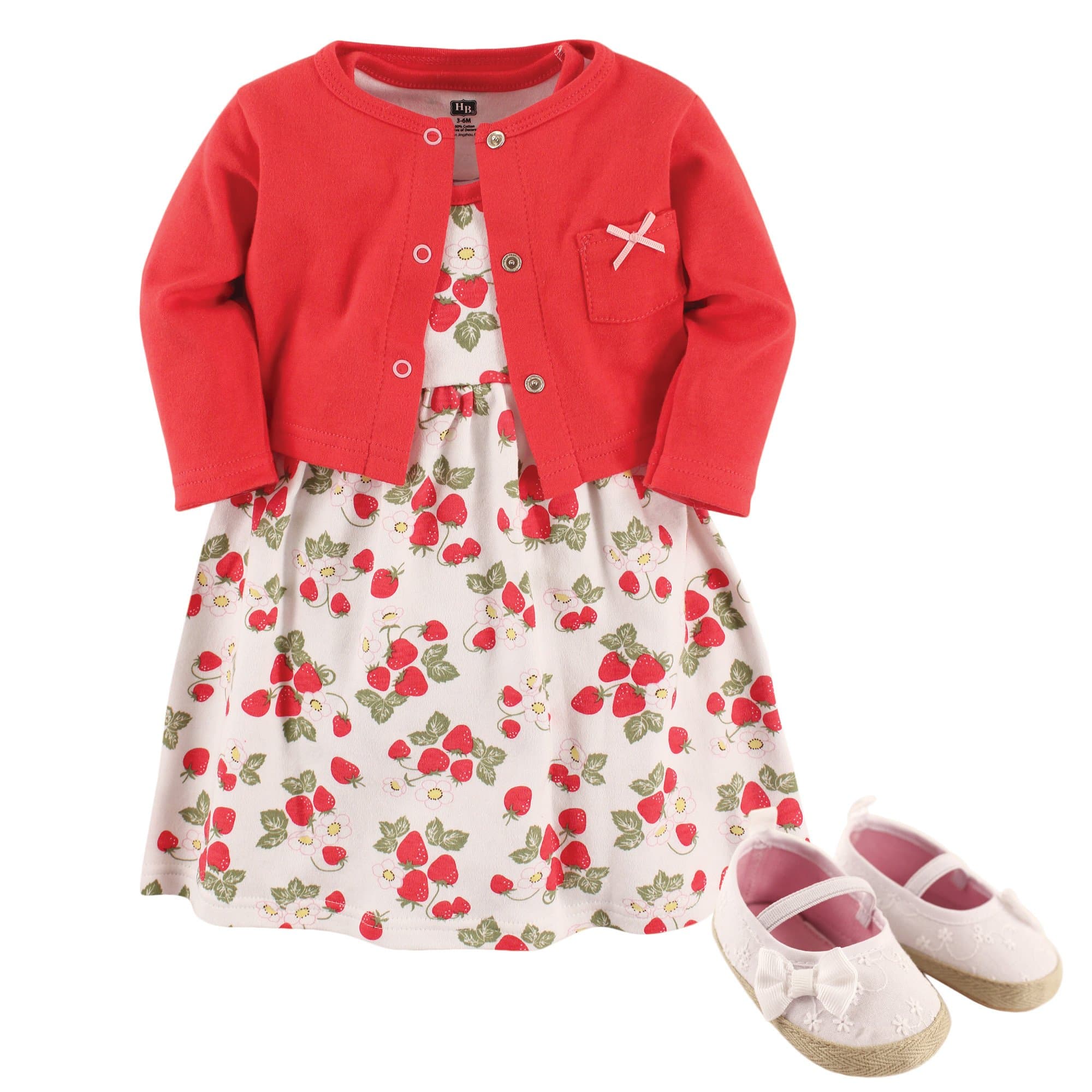Hudson Baby Strawberry Baby Girl Cotton Dress, Cardigan & Shoe Set | 9-12 Months — 0-3 Months