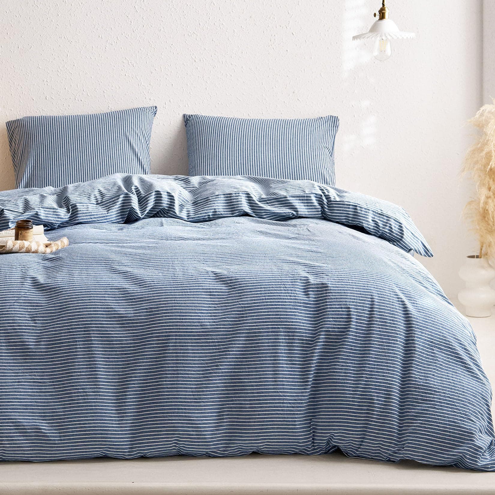 Wake In Cloud Striped Cotton Duvet Cover Set, Denim Blue, King | Classic Farmhouse Style with Corner Ties & Zipper Closure - view 3
