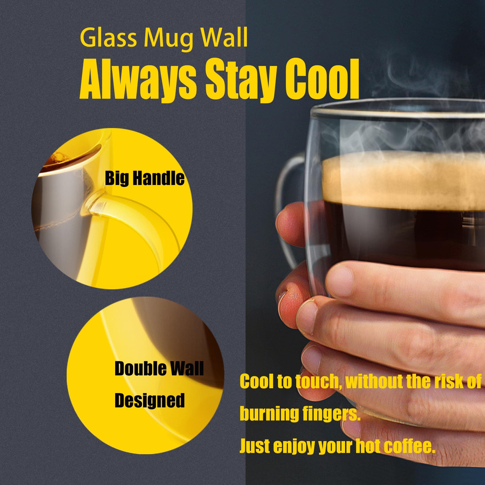 PunPun 12.9oz. Double Wall Glass Coffee Mug Set of 4 | Insulated Borosilicate Cups for Hot & Cold Beverages - view 2