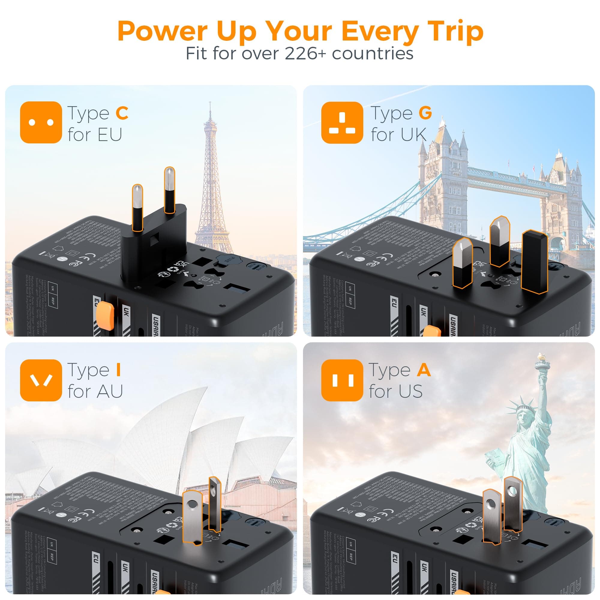 TESSAN Universal Travel Adapter 140W GaN Black | 5-in-1 Worldwide Power & USB Charging - view 5