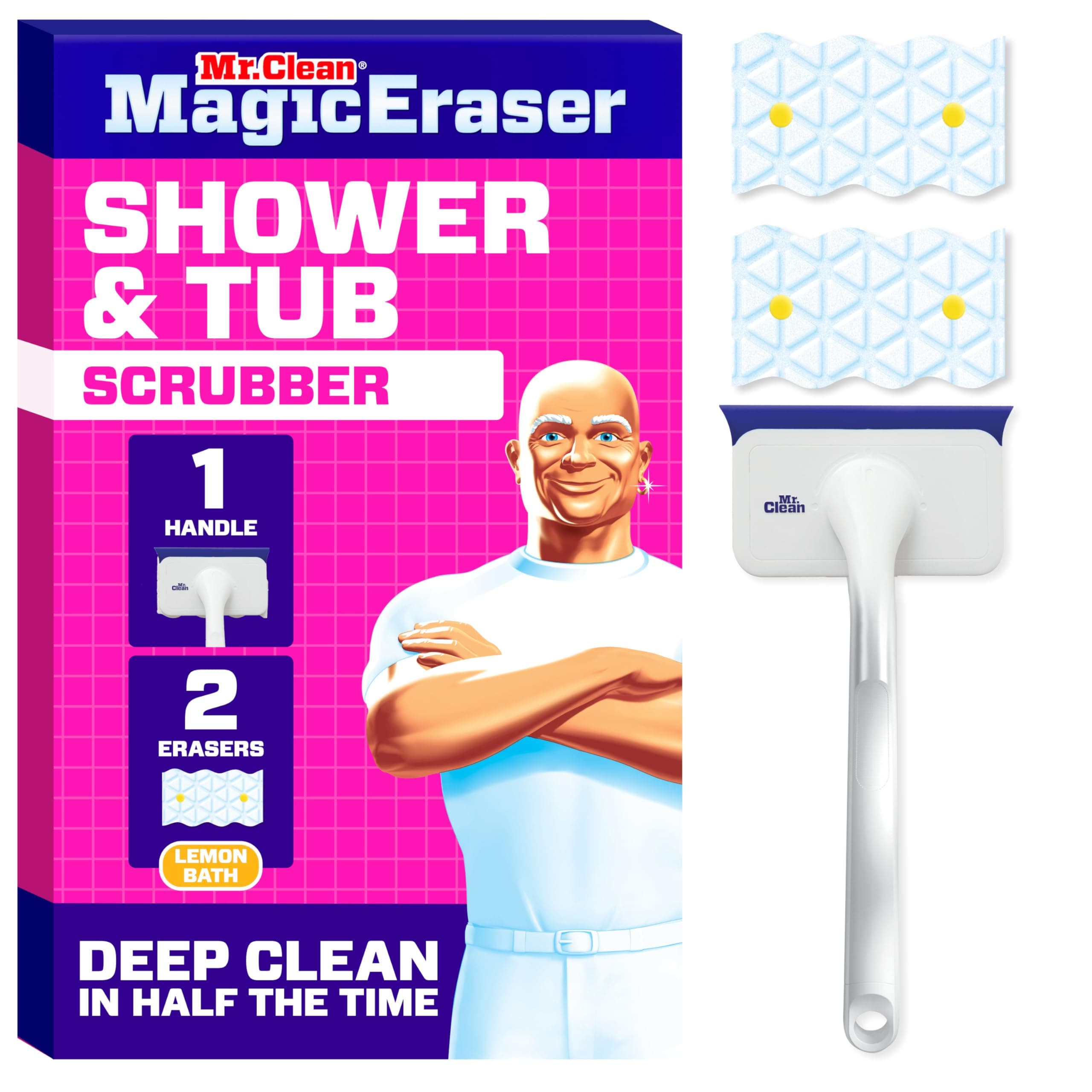 Mr. Clean Magic Eraser Shower & Tub Scrubber Starter Kit with Lemon Foaming Erasers & Extra Durable Eraser — 1 Device + 2 Refills