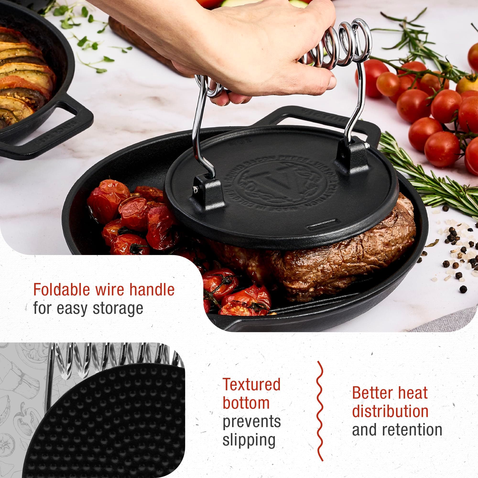 Victoria Round Cast-Iron Meat Press with Wire Handle 2.4 lbs | Preseasoned, Durable & Versatile - view 4