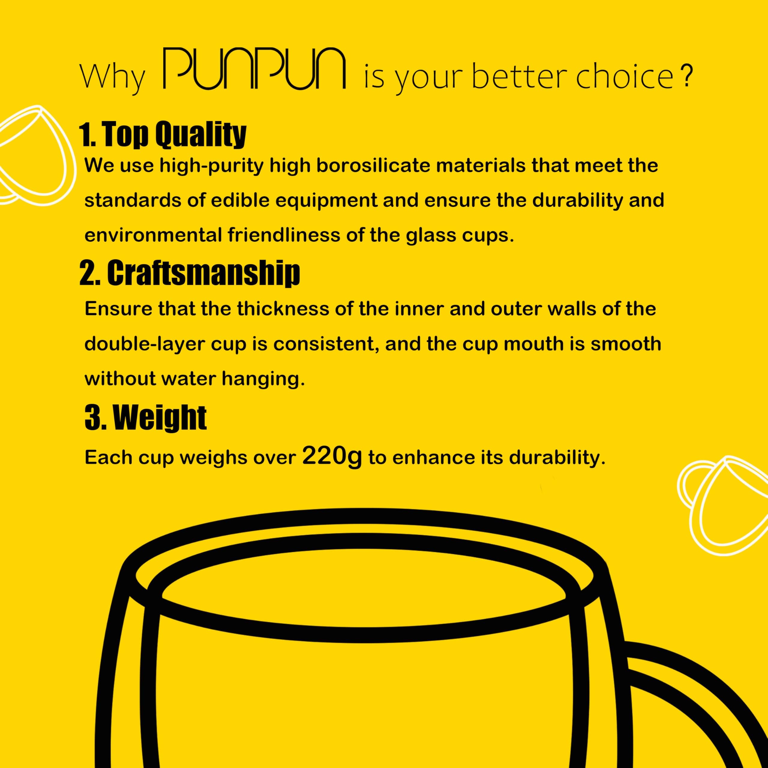 PunPun 12.9oz. Double Wall Glass Coffee Mug Set of 4 | Insulated Borosilicate Cups for Hot & Cold Beverages - view 5