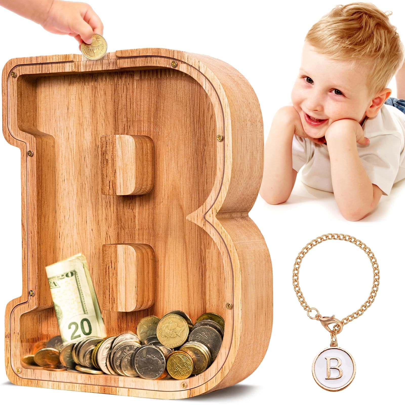 summidate Wooden Letter Piggy Bank for Kids, Clear 9" Alphabet B Money Bank | Organic Wood Savings Box - main product image