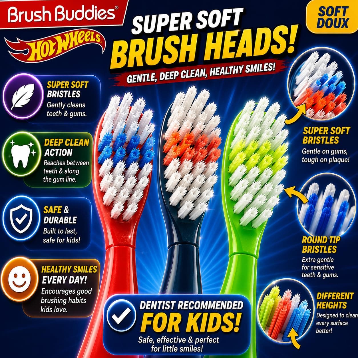Brush Buddies Hot Wheels Manual Toothbrushes for Kids 3 Pack | Soft Bristles, Fun Multi-Colored Designs, Anti-Slip Handles, Perfect for Toddlers & Travel - view 2