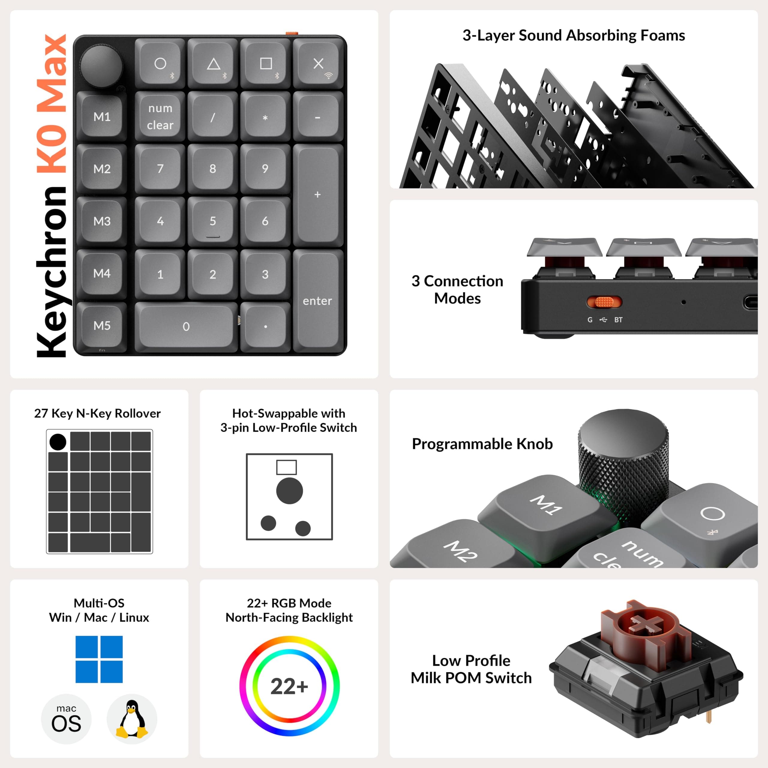 Keychron K0 Max Wireless Low-Profile Numeric Pad with RGB & Bluetooth 5.3 | Programmable, Hot-Swappable Brown Switch, 27 Keys - view 3