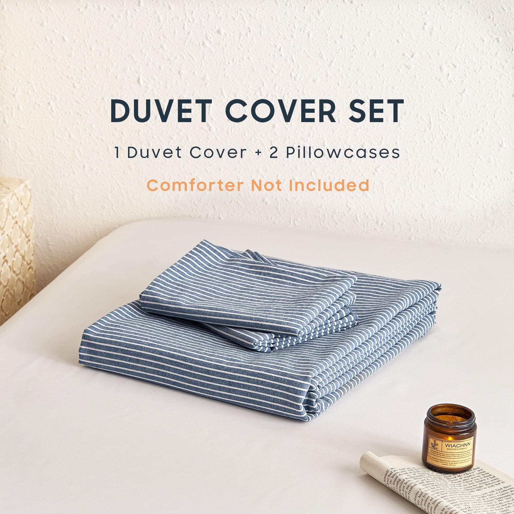 Wake In Cloud Striped Cotton Duvet Cover Set, Denim Blue, King | Classic Farmhouse Style with Corner Ties & Zipper Closure - view 2