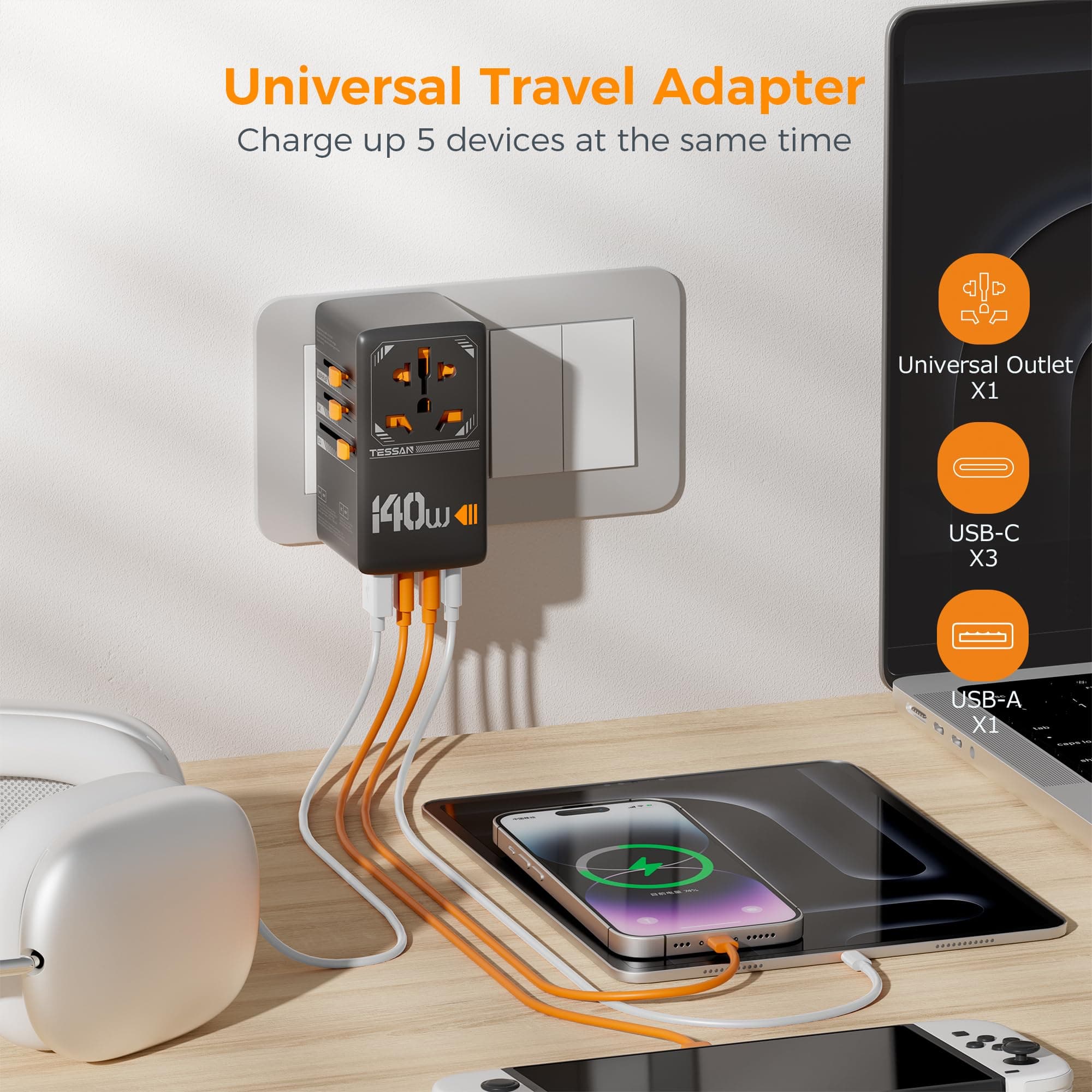 TESSAN Universal Travel Adapter 140W GaN Black | 5-in-1 Worldwide Power & USB Charging - view 4