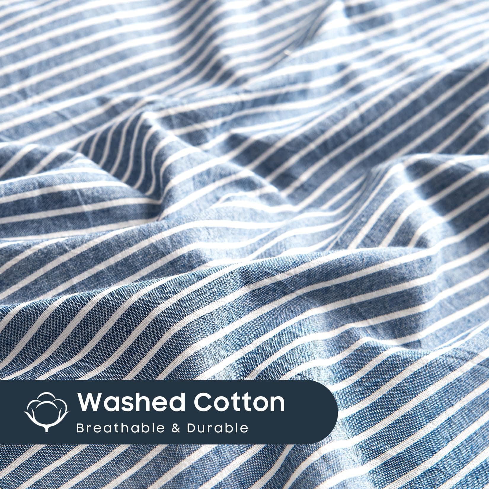 Wake In Cloud Striped Cotton Duvet Cover Set, Denim Blue, King | Classic Farmhouse Style with Corner Ties & Zipper Closure - view 6
