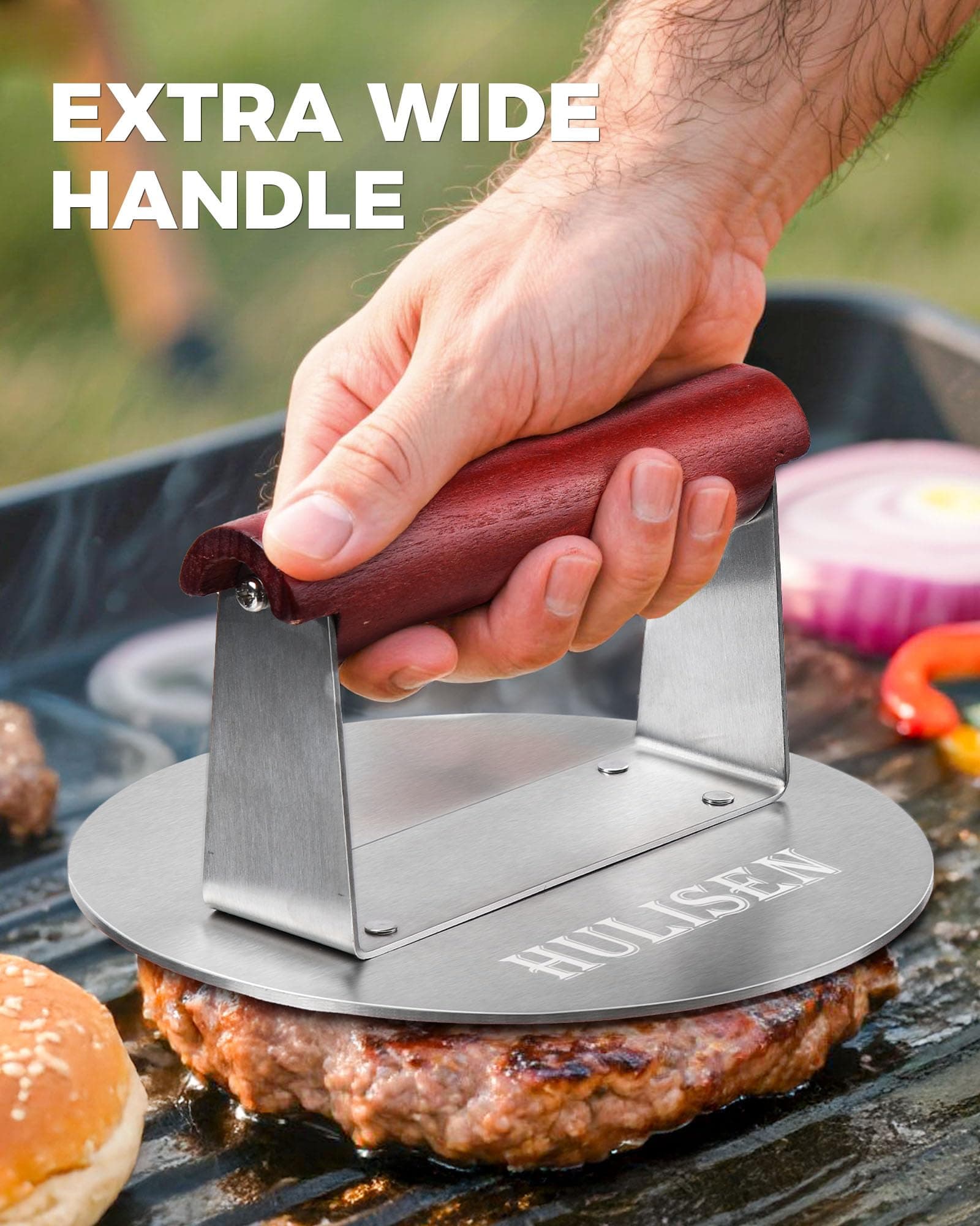 HULISEN Stainless Steel Burger Press 6.2-Inch Round | Effortless Crispy Patties with Wooden Handle - view 2