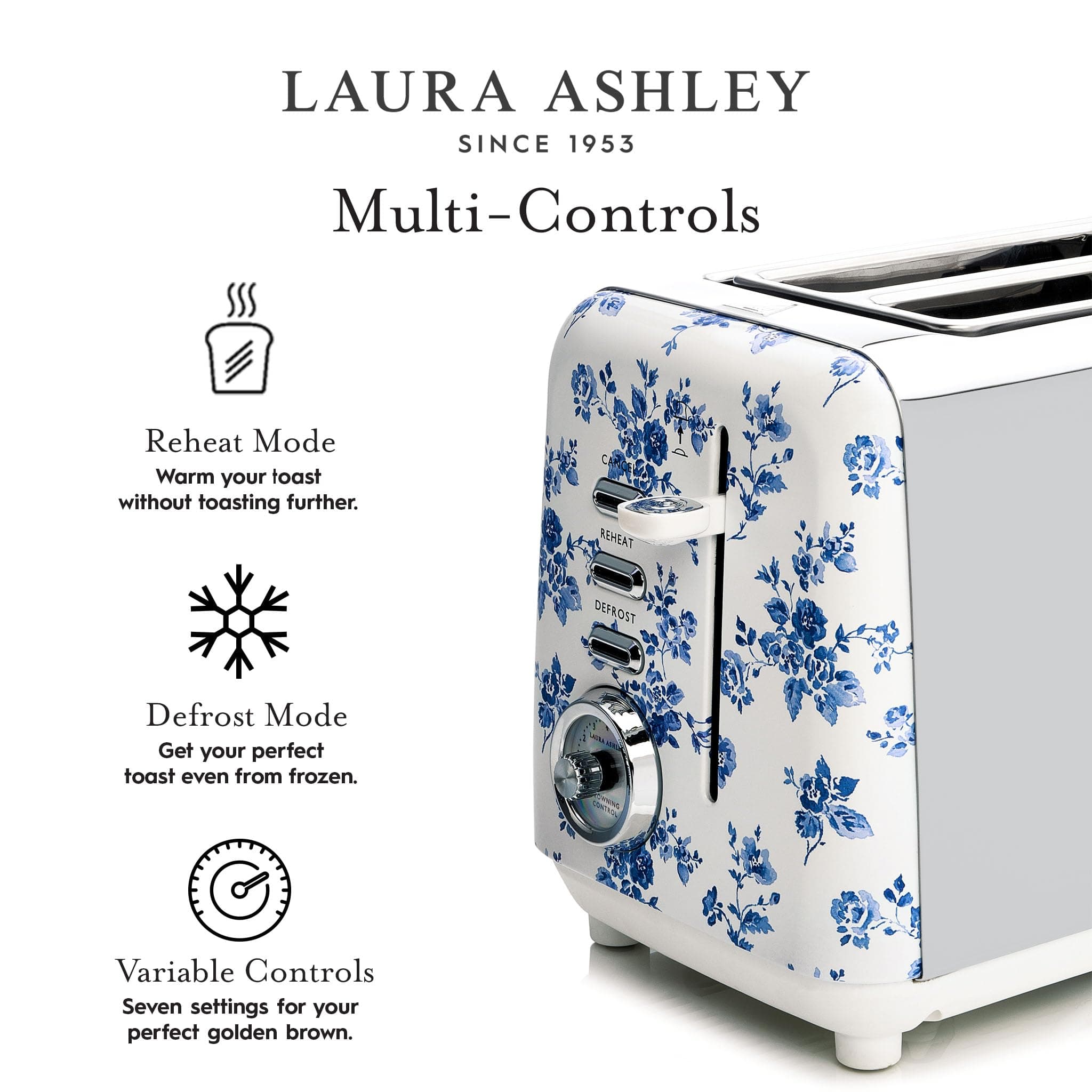 Laura Ashley China Rose 2 Slice Toaster | Wide Slot, Even Browning, 7 Levels, Compact Design - view 5