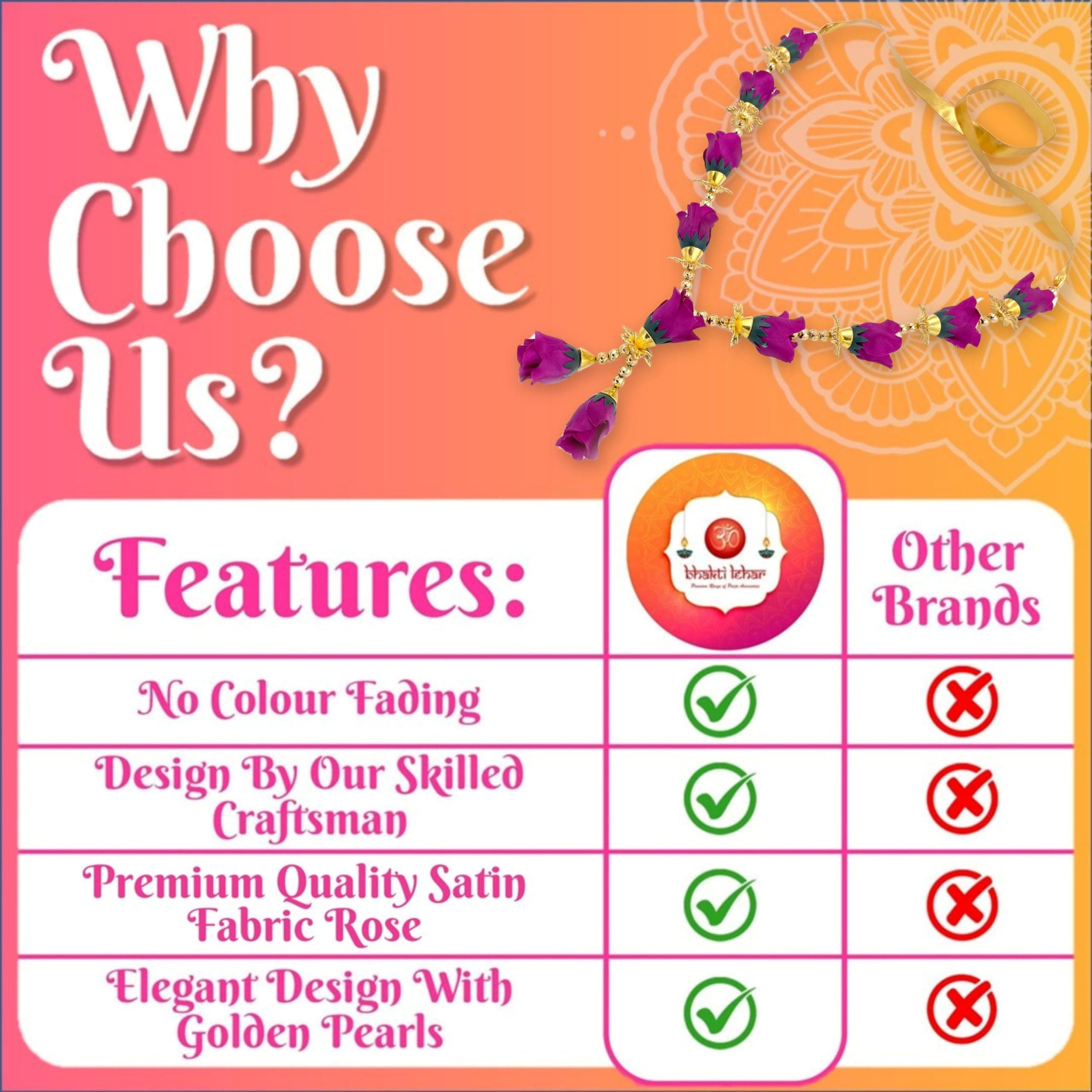 Bhakti Lehar - Premium Range Of Pooja Accessories Purple Garland 12 Inch | Handmade Artificial Rose & Pearl Mala for God Idols & Photo Frames - view 4