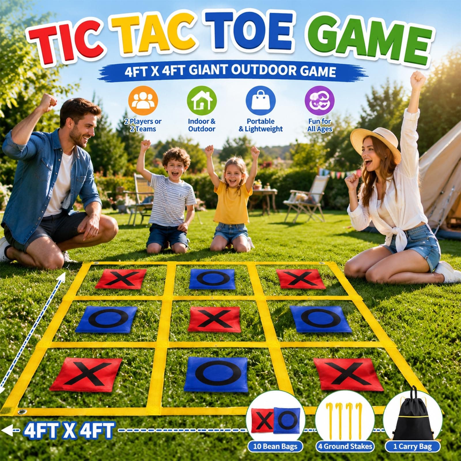 Gocasmus 4ft x 4ft Outdoor Giant Tic Tac Toe Game | Portable Lawn Family & Kids Fun - view 3