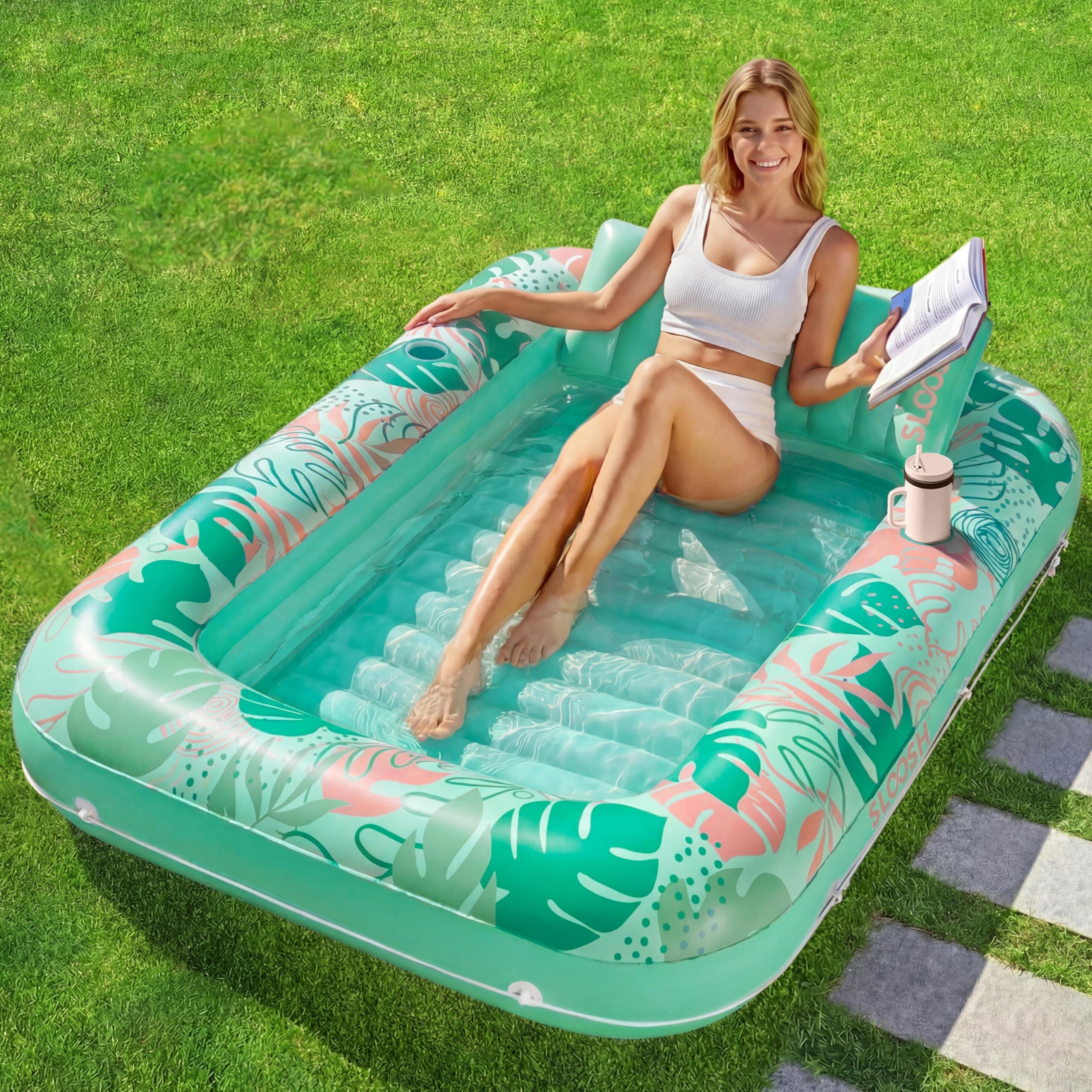 SLOOSH Inflatable Tanning Pool Lounger Float 70" x 46" Aqua Blue | Relaxing Sunbathing Bed with Pillow - main product image