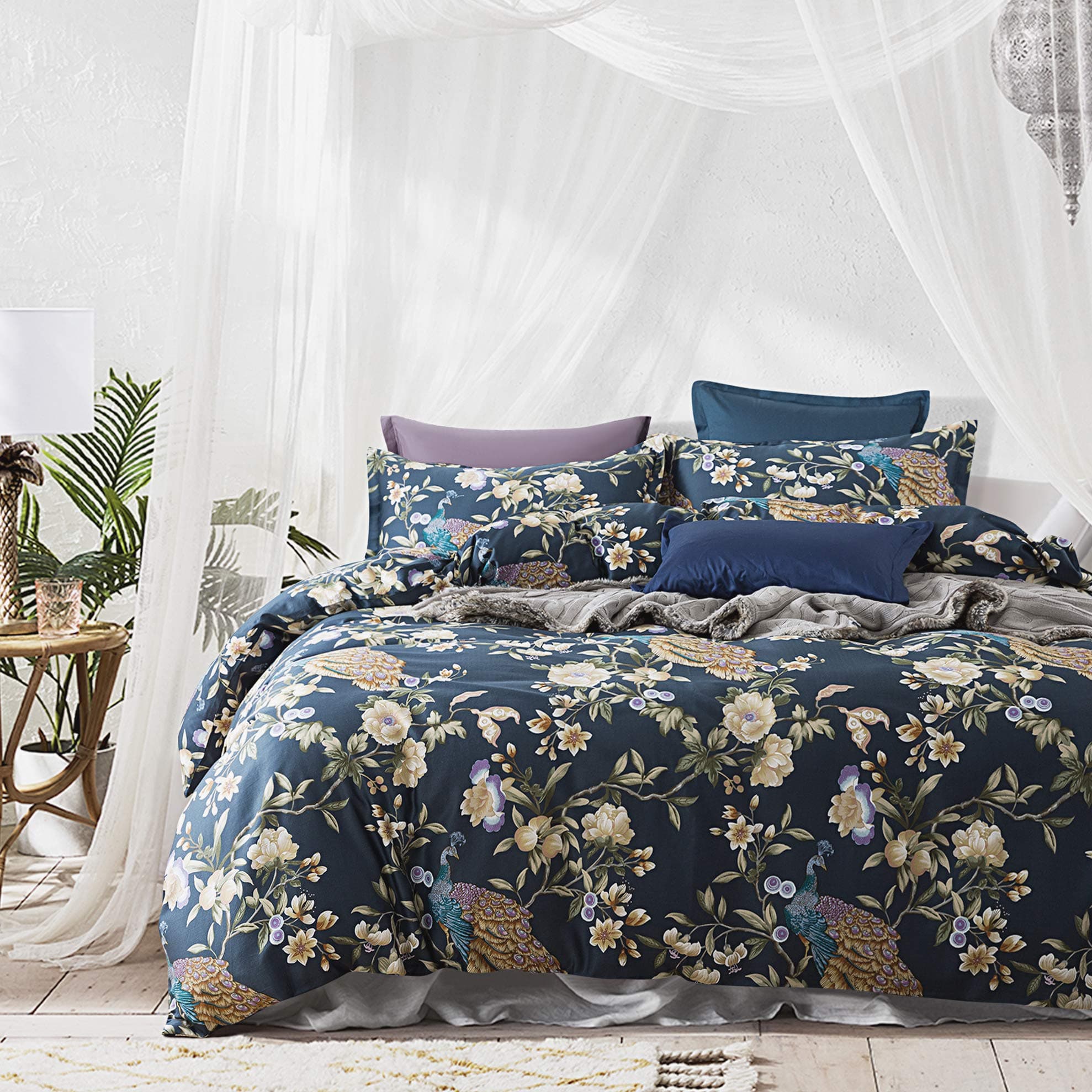 Eikei Oriental Garden Majestic Peacock Bird Floral Duvet Cover King | Chinoiserie Chic Asian Style - main product image