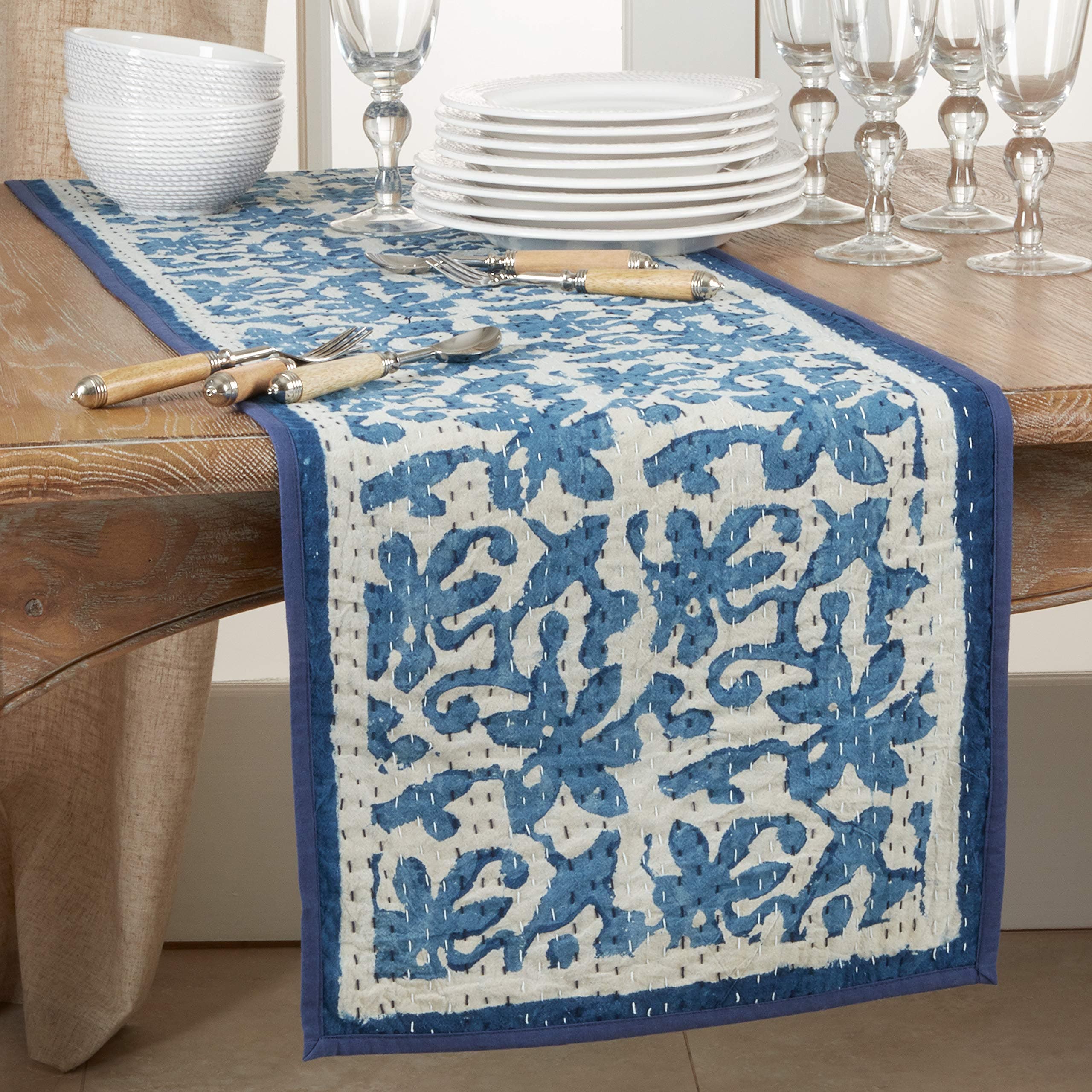 SARO LIFESTYLE Block Print Floral Kantha Stitch Table Runner | 14" x 72" Cotton Decor - view 3