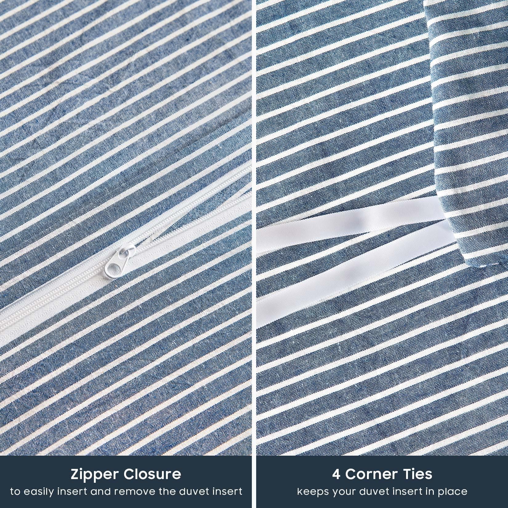 Wake In Cloud Striped Cotton Duvet Cover Set, Denim Blue, King | Classic Farmhouse Style with Corner Ties & Zipper Closure - view 7