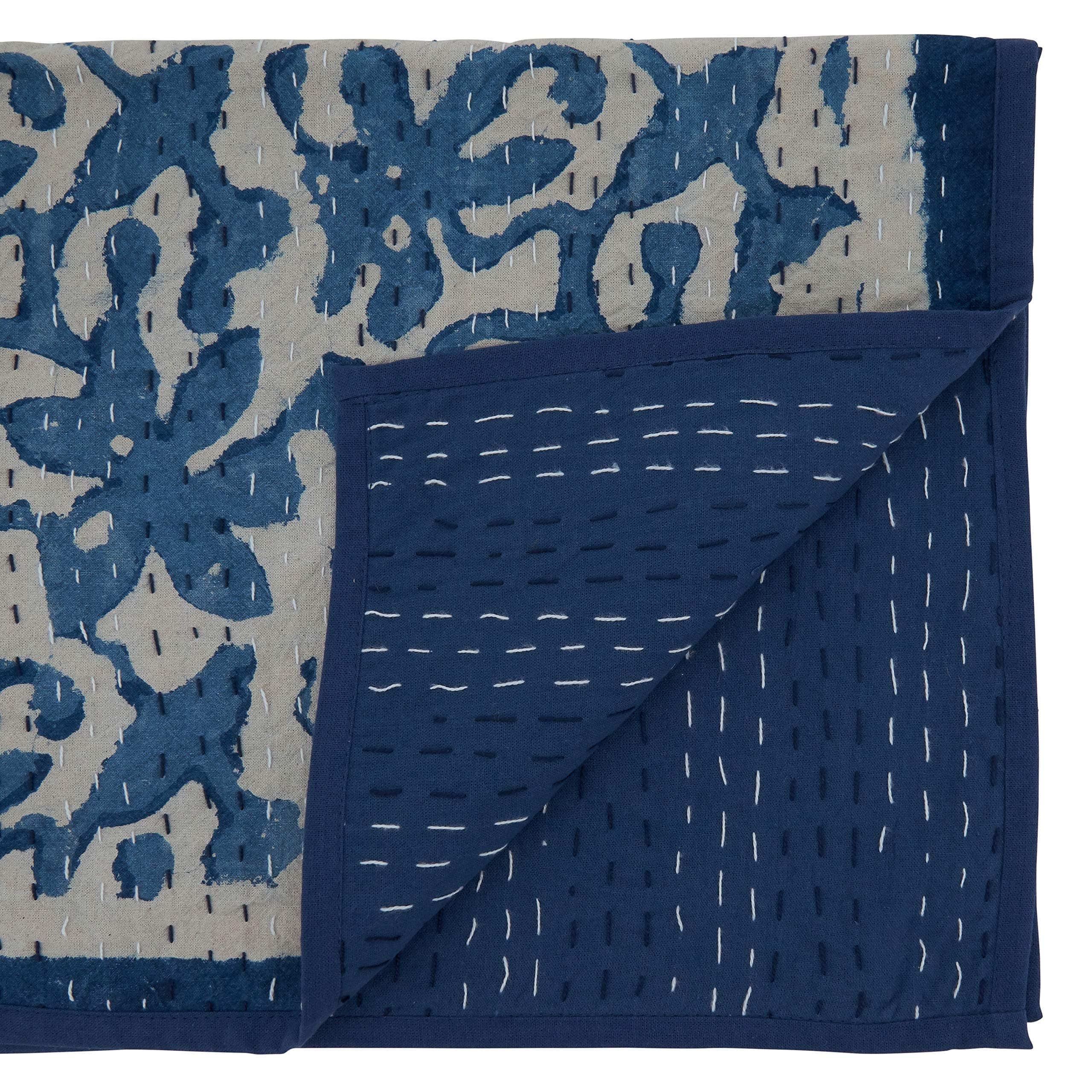 SARO LIFESTYLE Block Print Floral Kantha Stitch Table Runner | 14" x 72" Cotton Decor - view 2