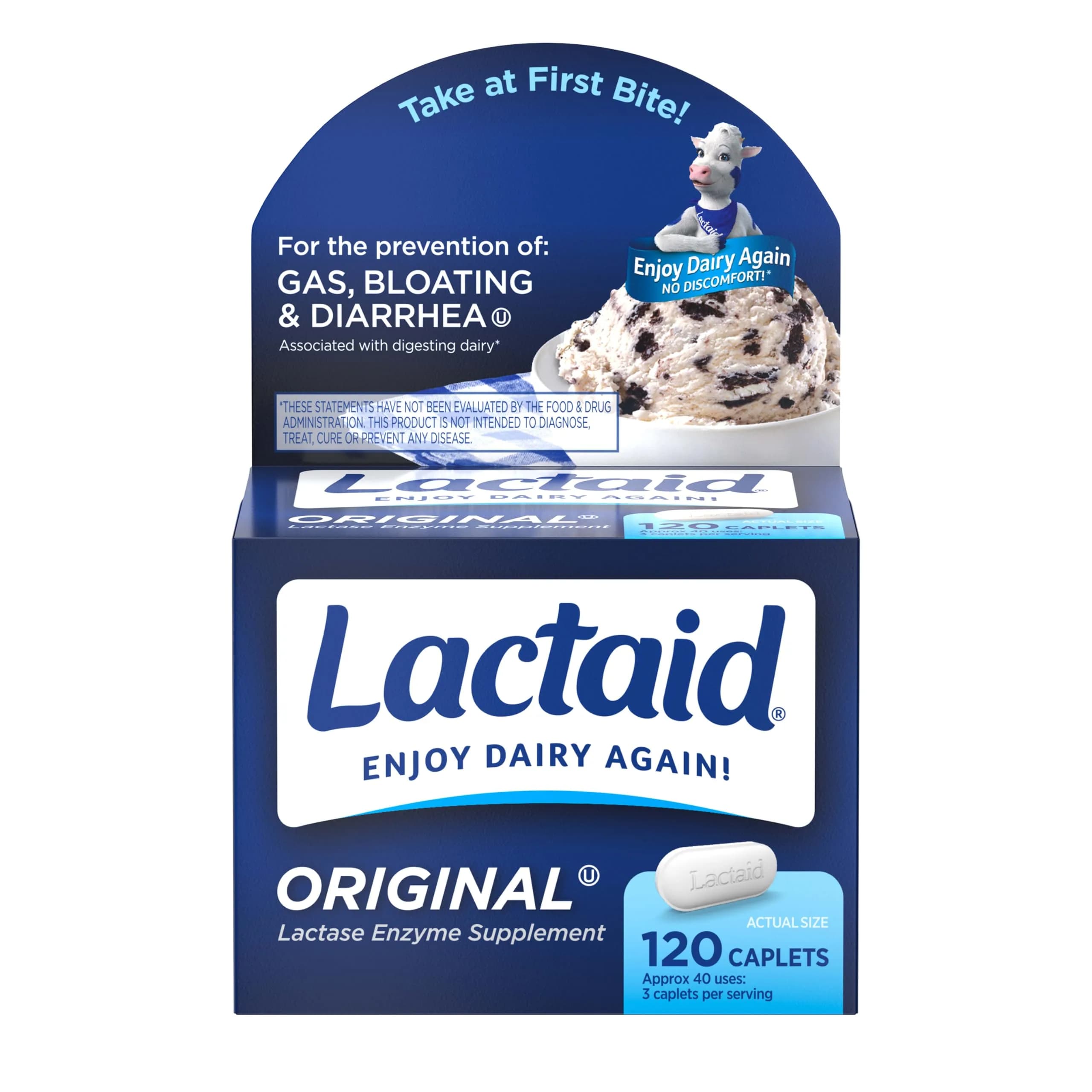 Lactaid Original Strength Lactase Enzyme Caplets 120 Count | Helps Prevent Gas, Bloating, and Diarrhea Associated with Dairy - main product image