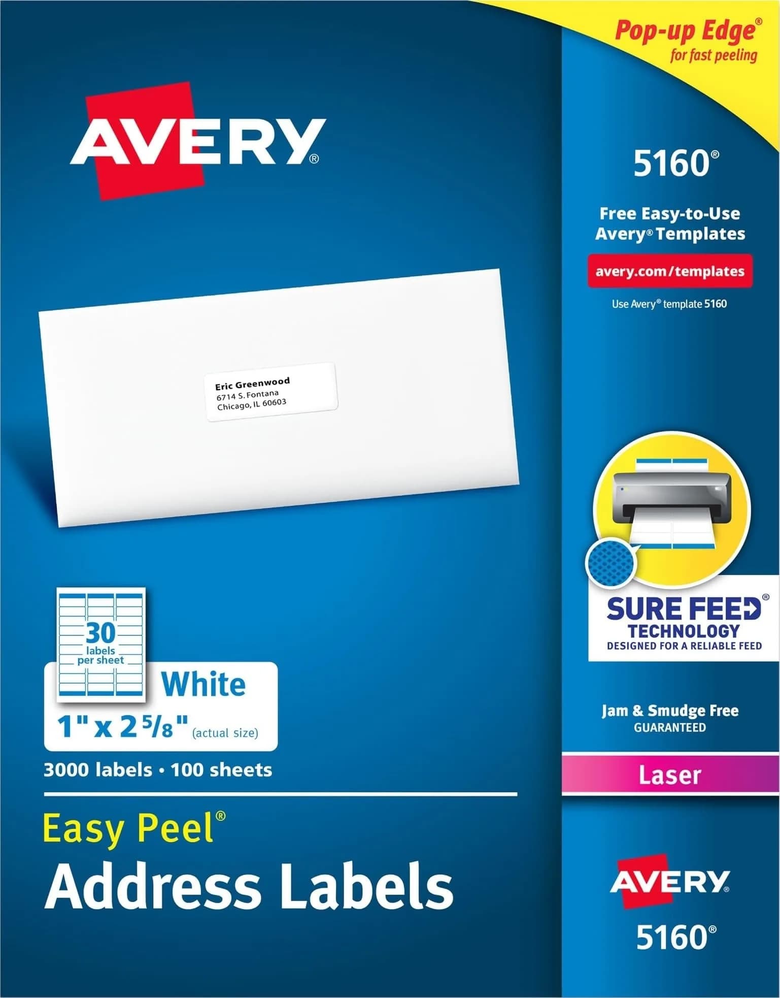 Avery Easy Peel Printable Address Labels 1" x 2-5/8" White 3000 Labels | Sure Feed Technology for Jam-Free Printing - main product image
