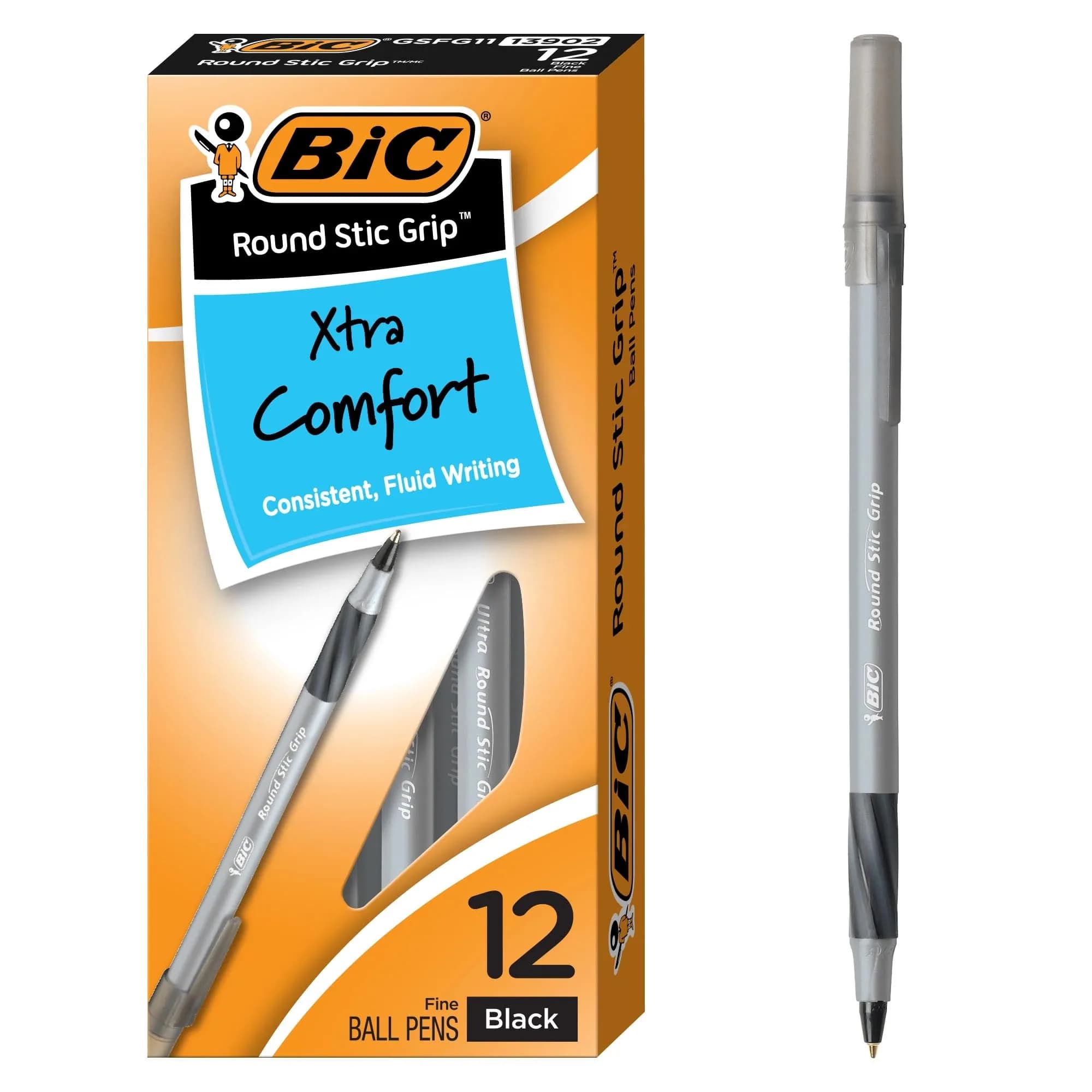 BIC Round Stic Grip Xtra-Comfort Ballpoint Pens, Medium Point, 1.2 mm, Gray Barrel, Black Ink, Pack Of 12 Pens | Smooth Ink Flow - main product image