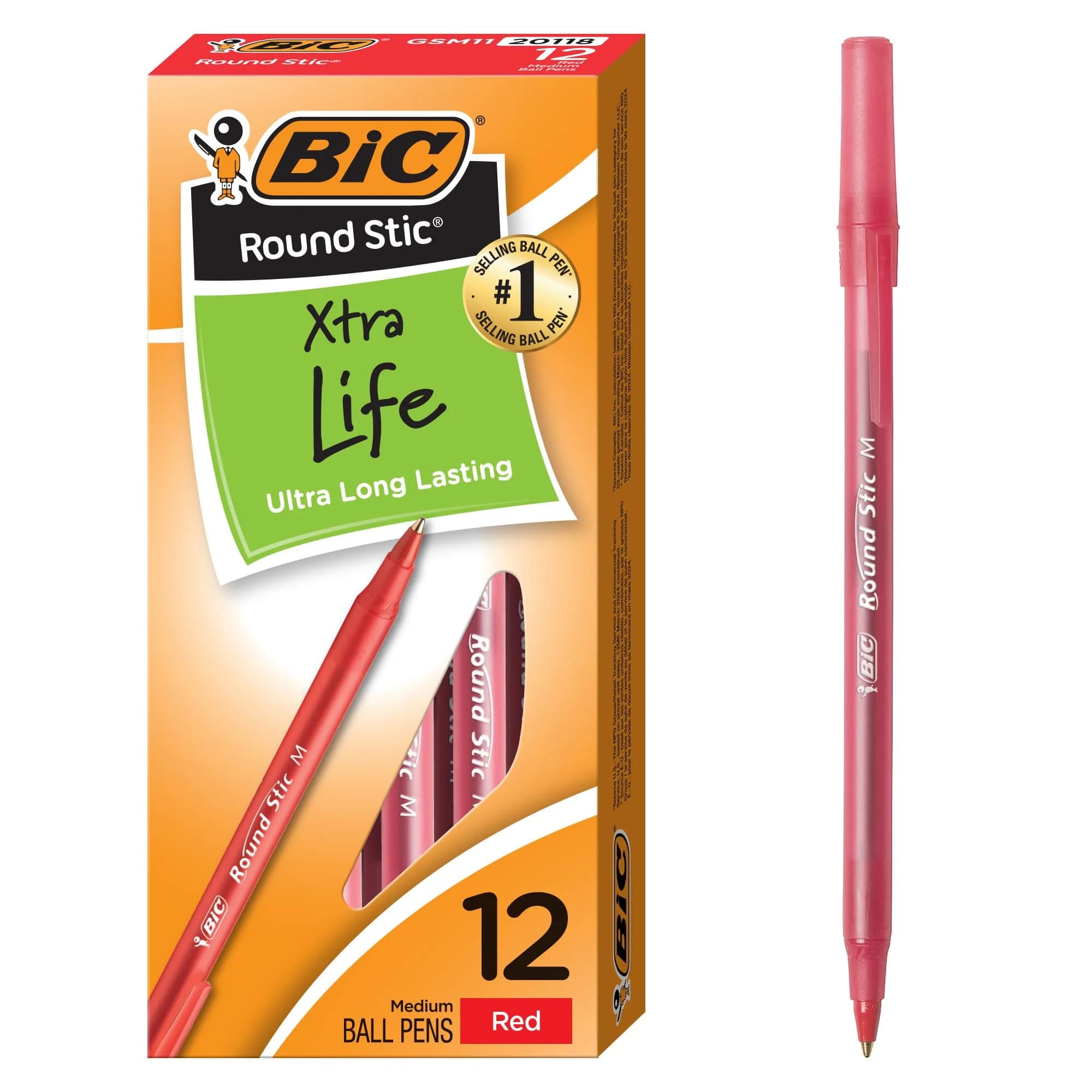 BIC Round Stic Xtra Life Red Ballpoint Pens, Medium Point (1.0mm), 12-Count Pack | Smooth Writing Comfort - main product image