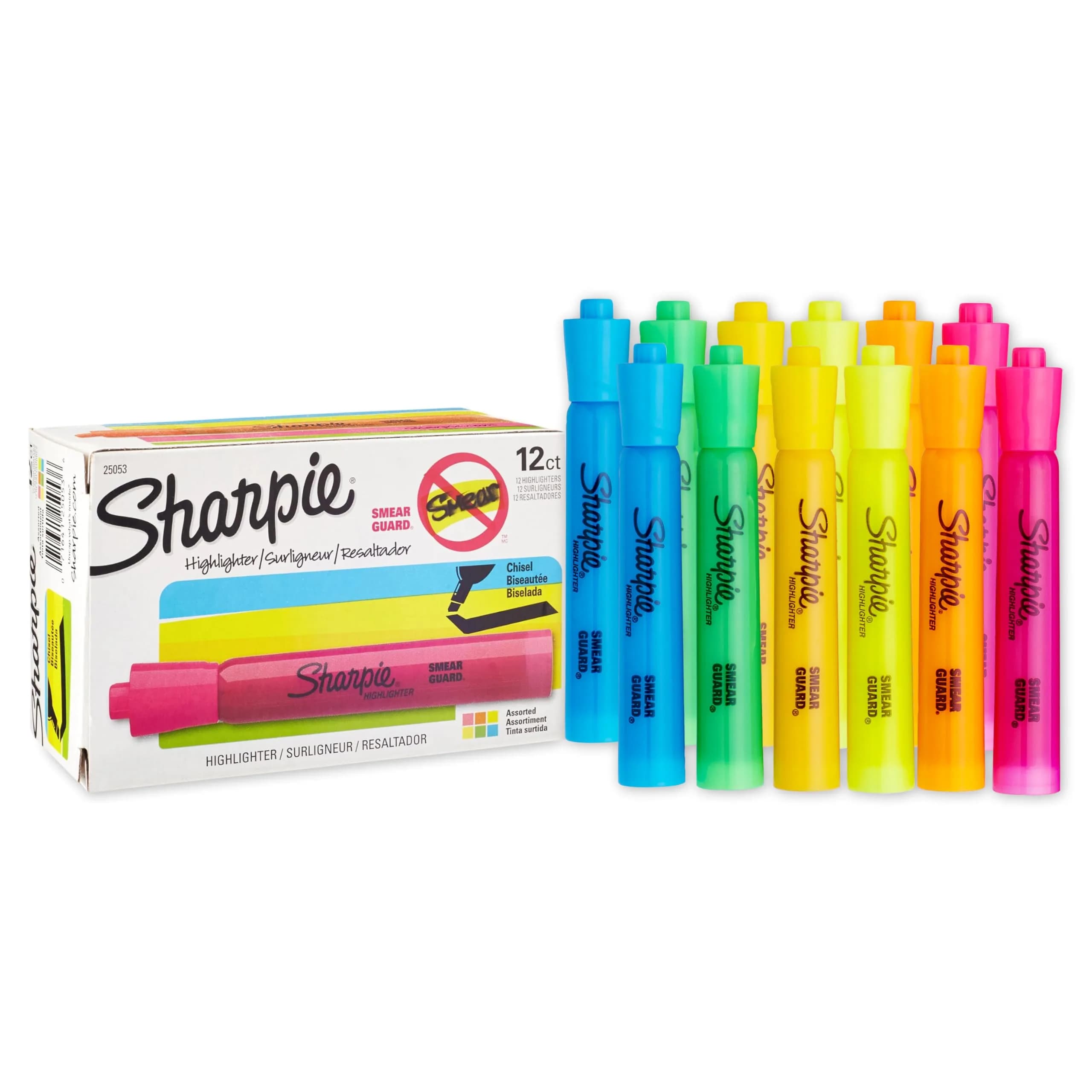 Sharpie Highlighters, Chisel Tip, Assorted Colors, 12 Count | Reliable Fluorescent Marking Supplies - main product image