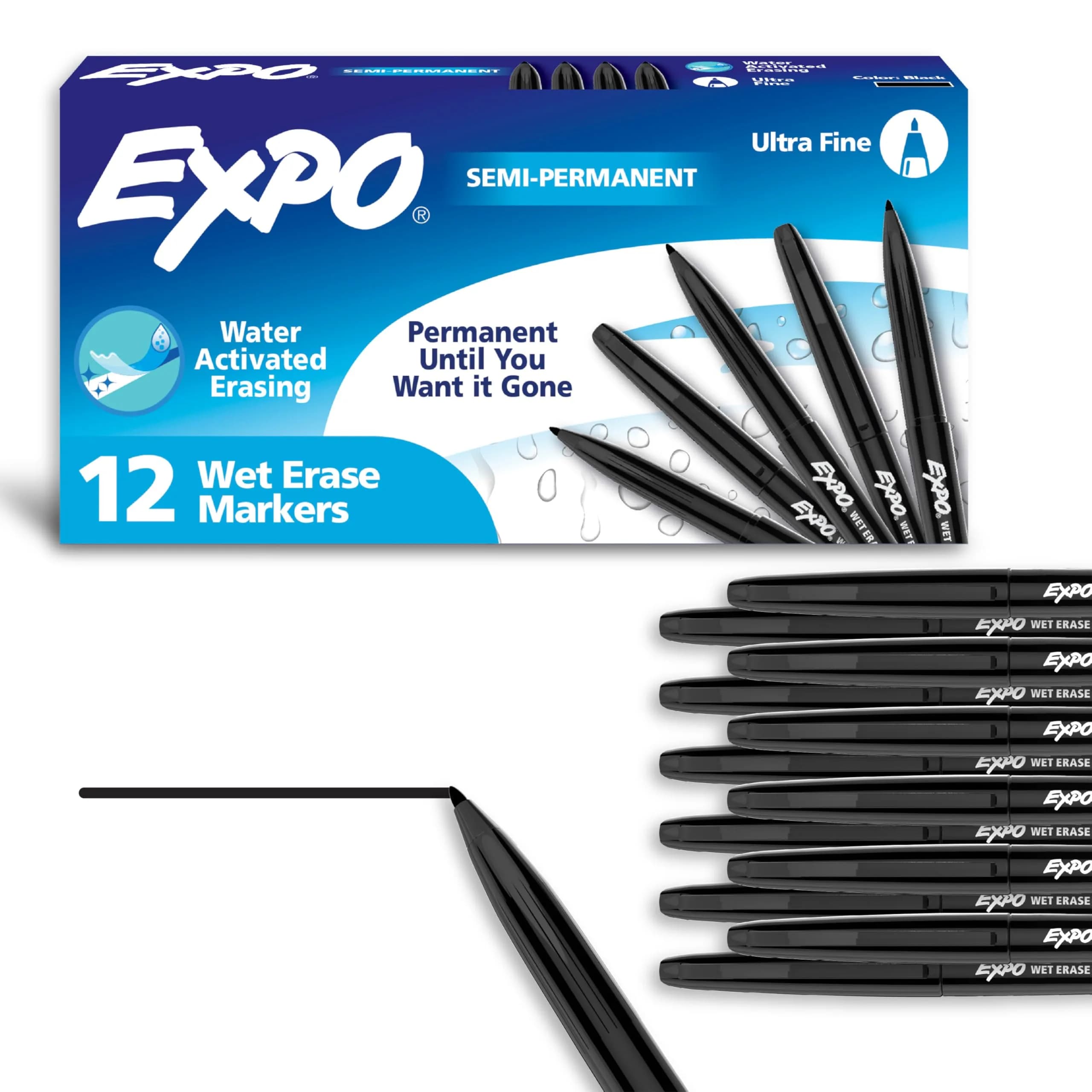 EXPO Wet Erase Markers, Black, Ultra Fine Tip, 12 Count | Water-Activated Erasing - main product image