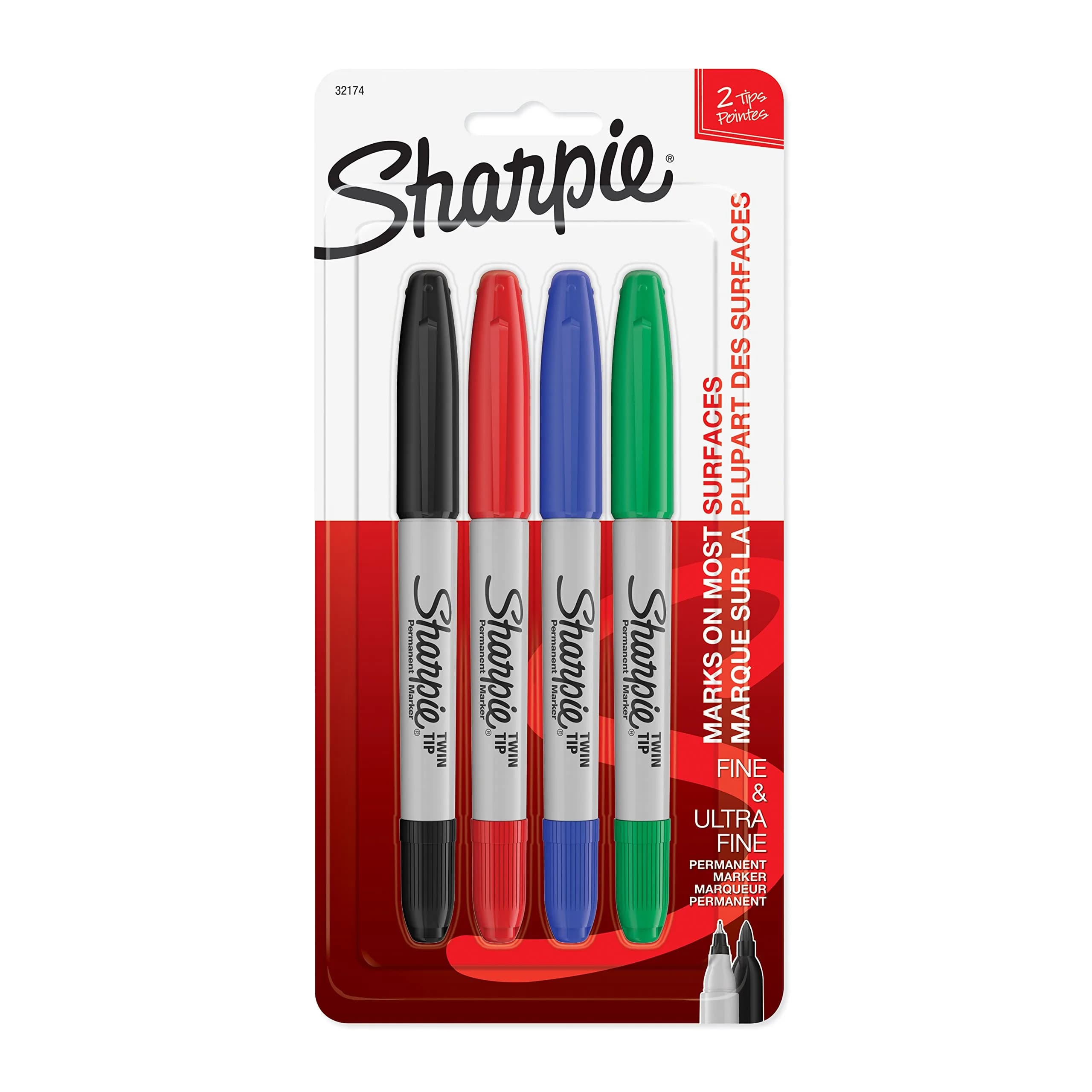 Sharpie Twin Tip Permanent Markers Fine and Ultra Fine Assorted Colors 4 Count | AP Certified Ink - main product image