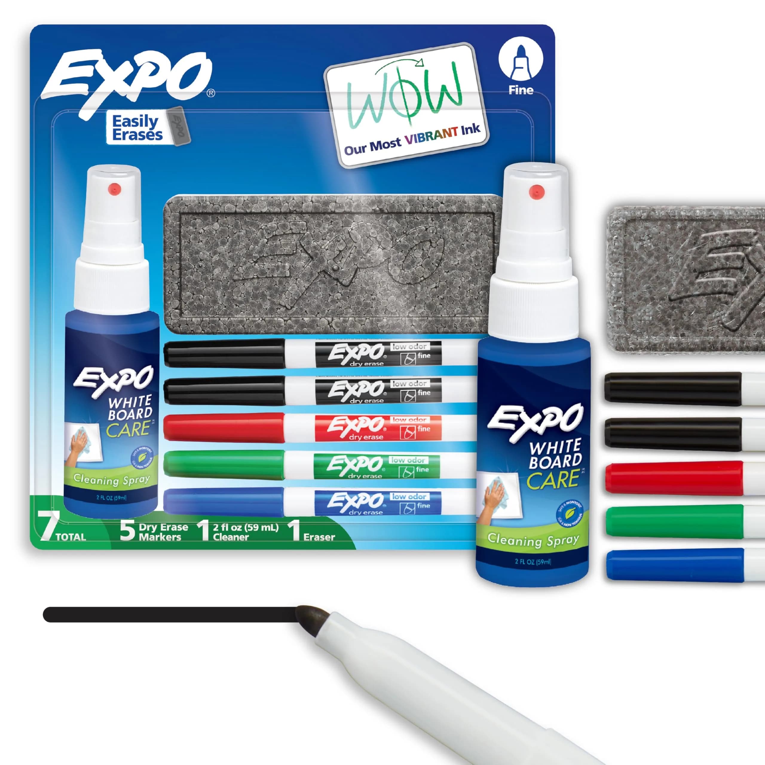 EXPO Dry Erase Markers Kit, Fine Tip, Assorted Colors, Eraser, Spray Cleaner, 7 Count | Vibrant Ink for Clear Communication - main product image
