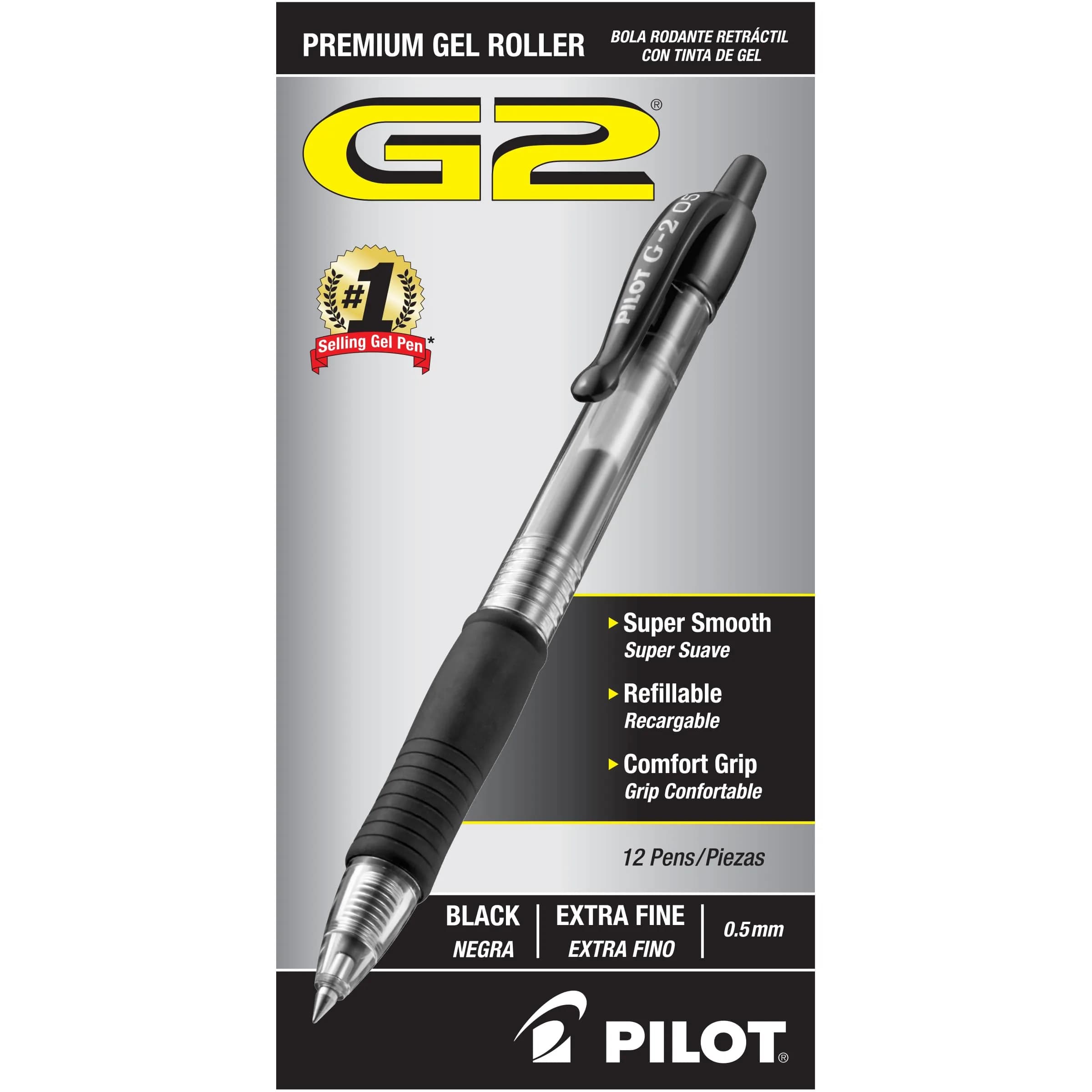 PILOT G2 Premium Gel Roller Pens, Extra Fine Point 0.5 mm, Black Ink, Pack of 12 | Smooth Writing for Students & Office - main product image