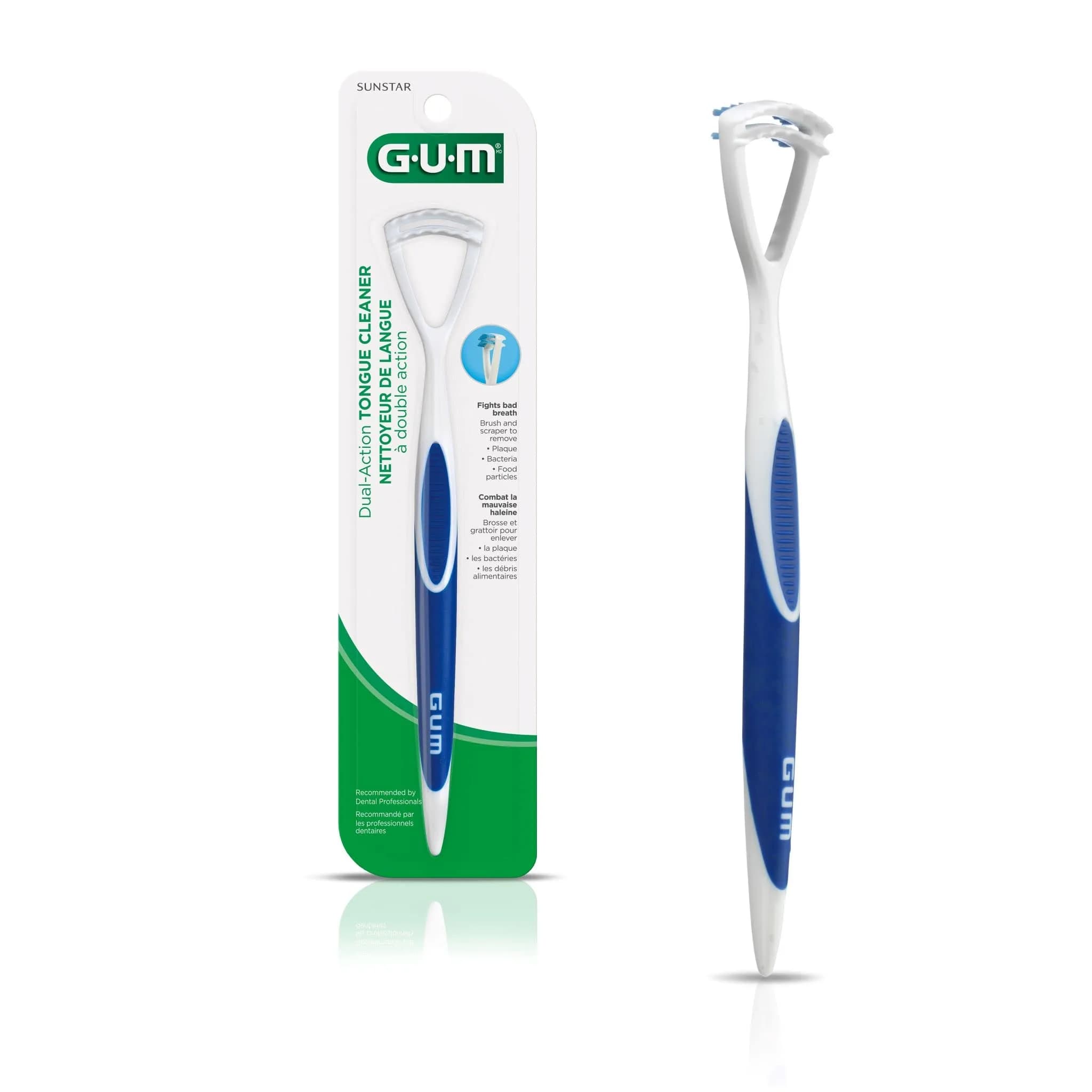 GUM Dual Action Tongue Cleaner with Scraper, White & Blue 22.3cm (8.9in) | Fights Bad Breath - main product image