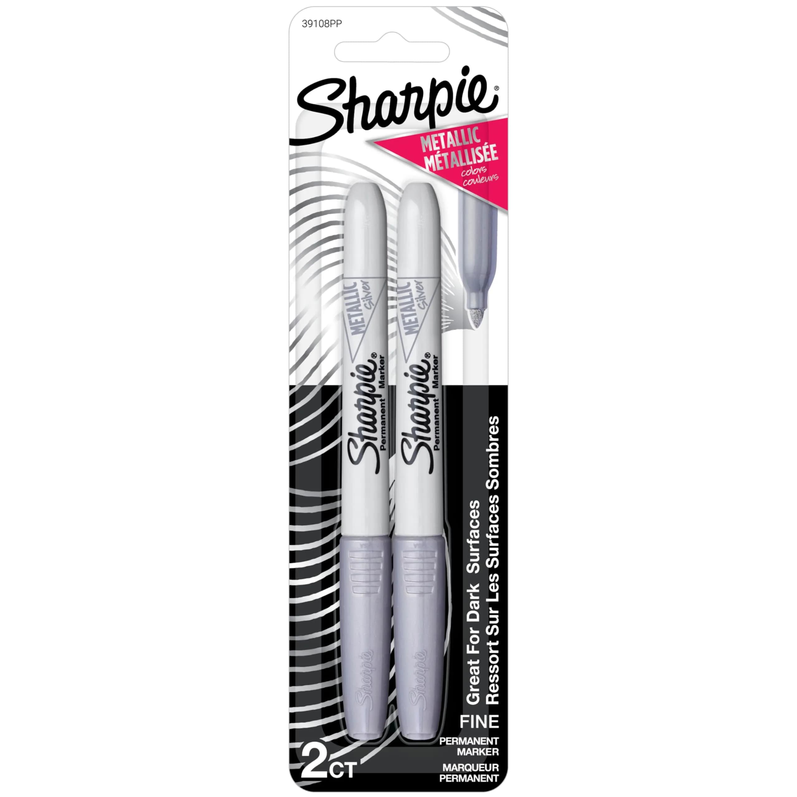 Sharpie Metallic Permanent Markers, Fine Point, Silver, 2 Count (0.5mm) | Brilliant Metallic Sheen on Dark Surfaces - main product image