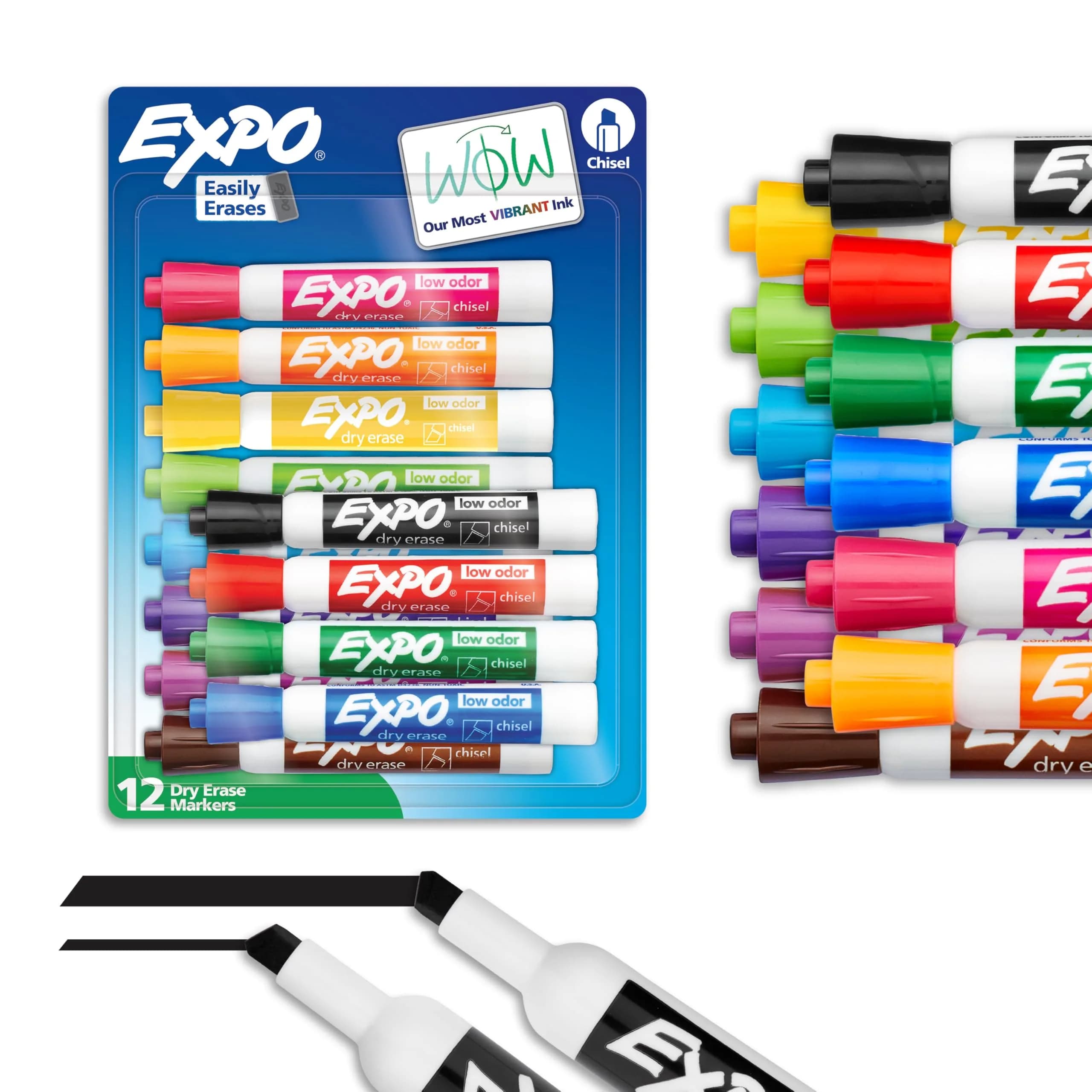 EXPO Dry Erase Markers, Low Odor, Chisel Tip, 12 Count | Vibrant Ink for Whiteboards & Non-Porous Surfaces - main product image