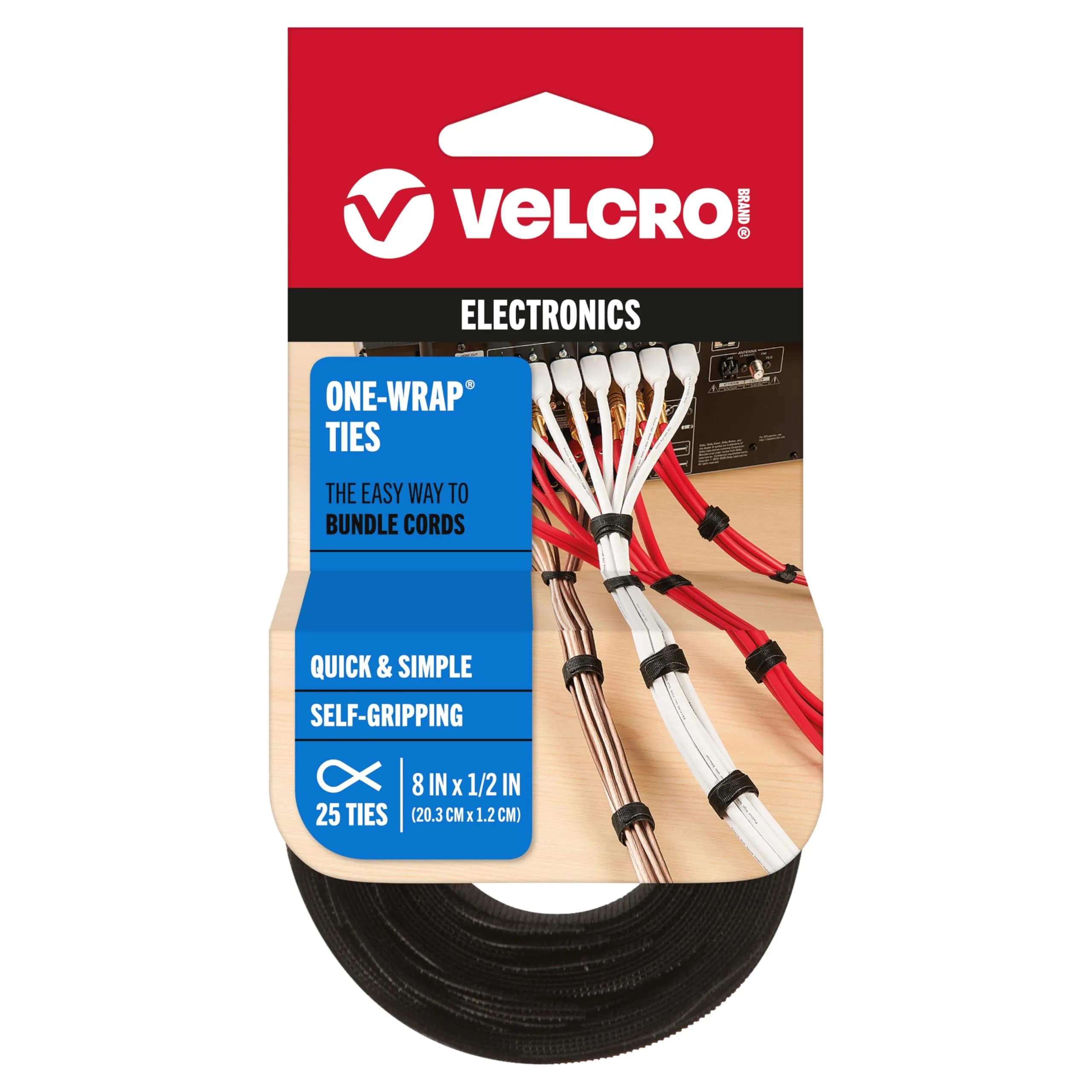 VELCRO Brand ONE-WRAP Cable Ties, 8in x 1/2in, Black, 25 Pack | Reusable Wire & Cord Organizer - main product image