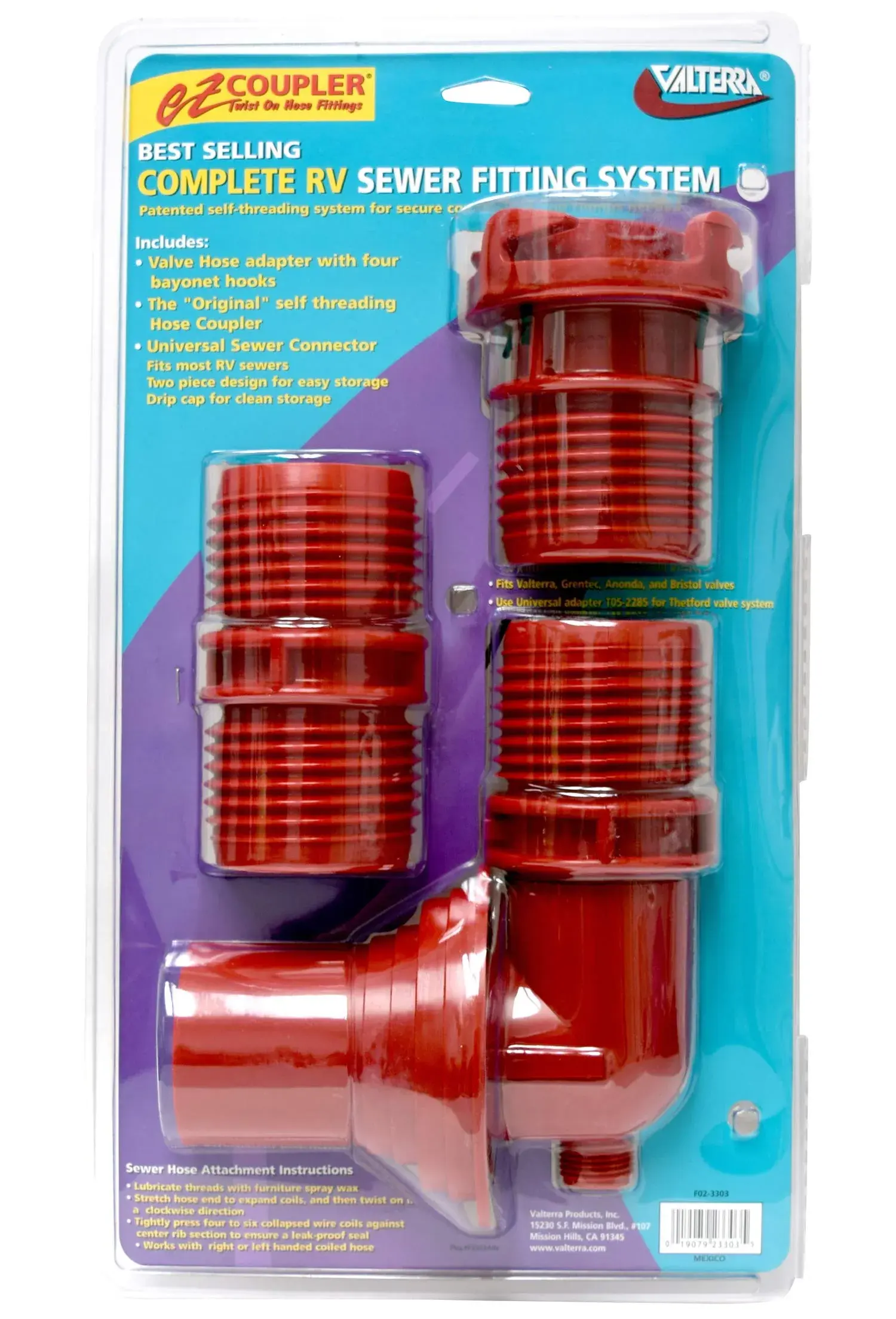 Valterra F02-3303 EZ Coupler 3-Piece System - Red | RV Waste Water Fittings - main product image