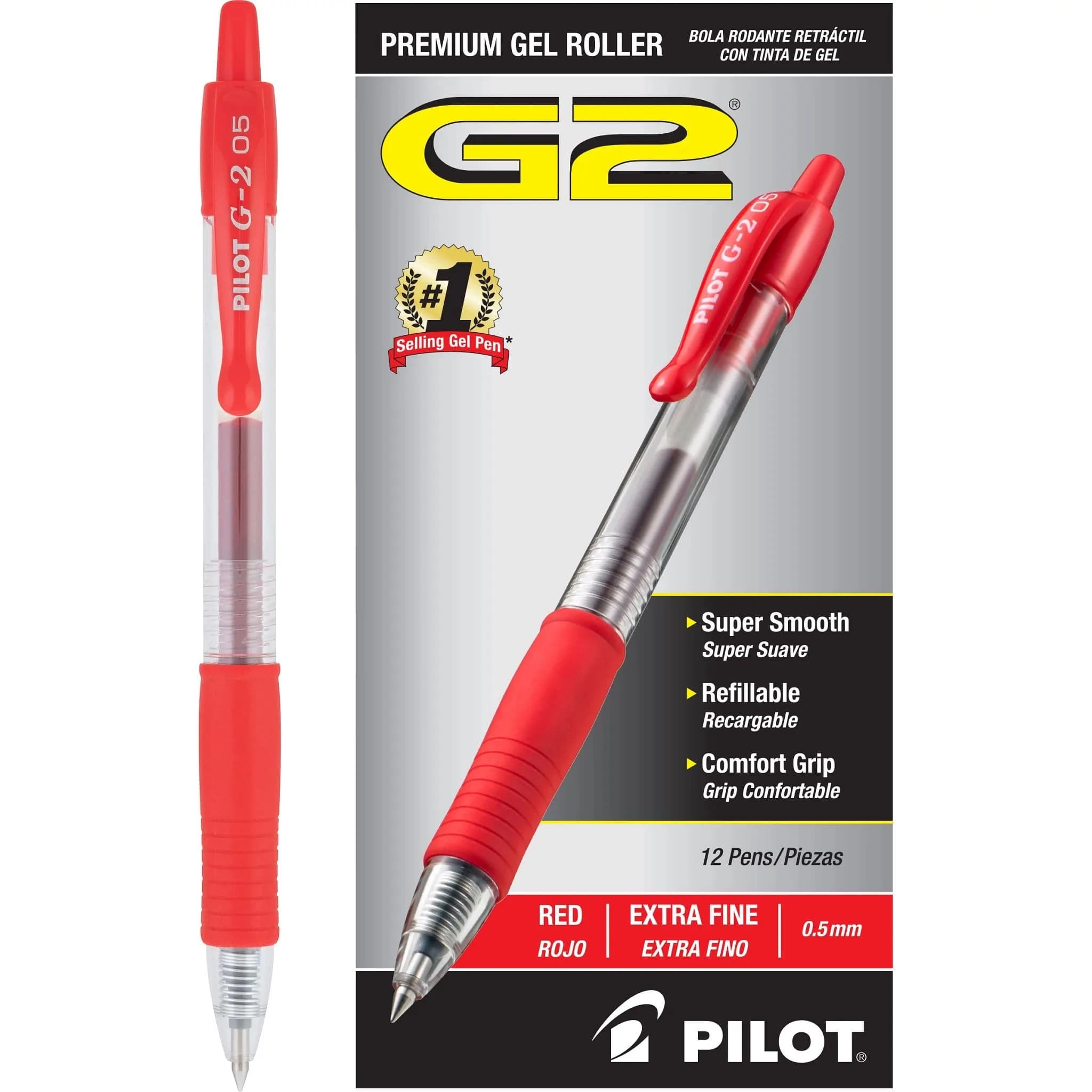 Pilot G2 Premium Retractable Gel Pens, Extra Fine Point, 0.5mm Red Ink, 12-Pack | Smooth Writing Instrument - main product image