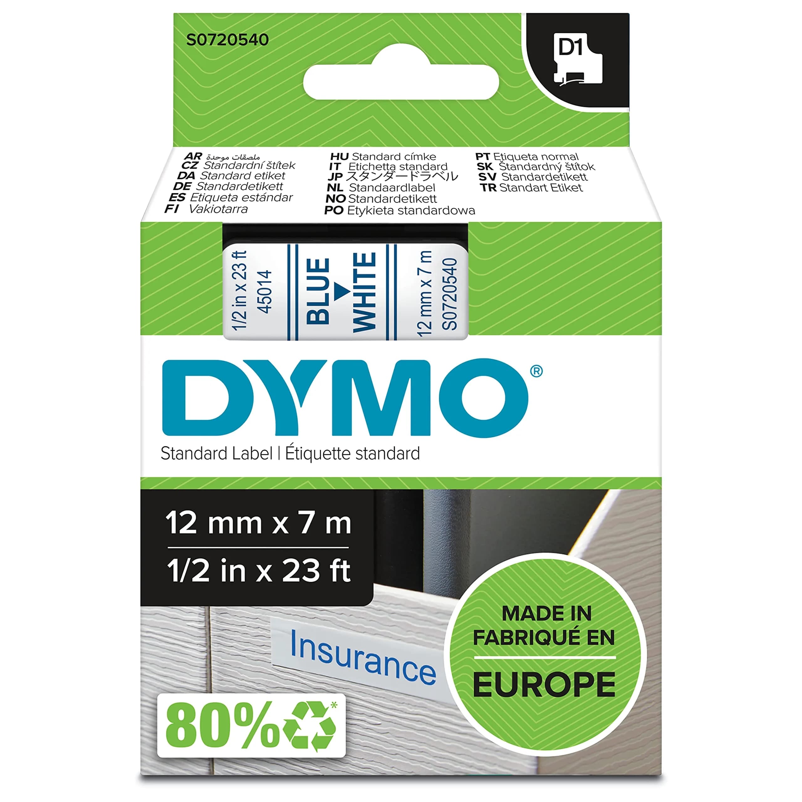 DYMO D1 Standard Label Tape Black on Yellow 12mm x 7m | Compatible with LabelManager Series